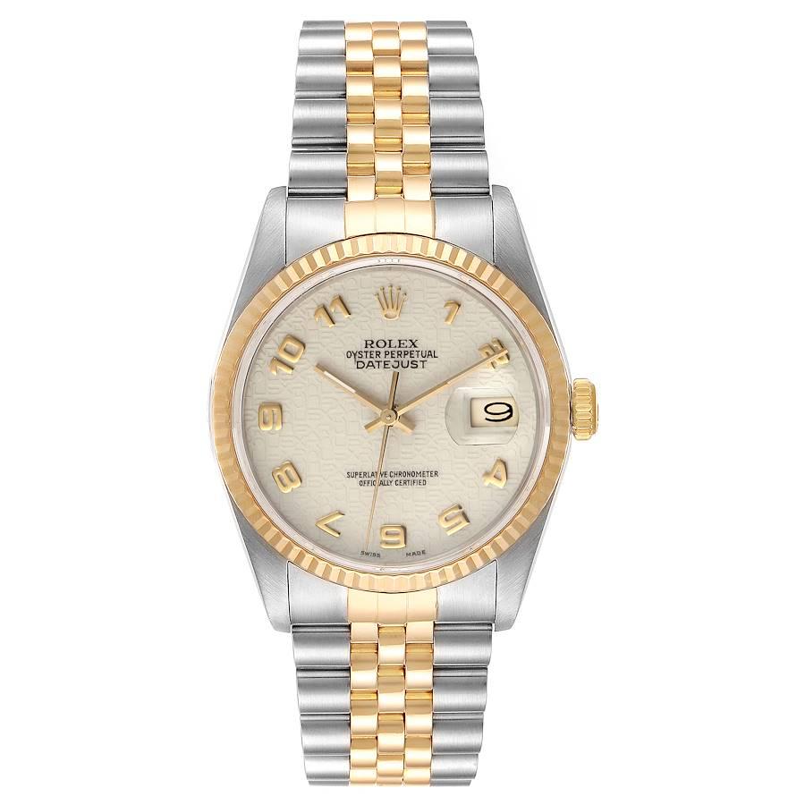 Rolex Datejust Steel 18K Yellow Gold Anniversary Dial Mens Watch 16233. Officially certified chronometer self-winding movement. Stainless steel case 36 mm in diameter.  Rolex logo on a 18K yellow gold crown. 18k yellow gold fluted bezel. Scratch