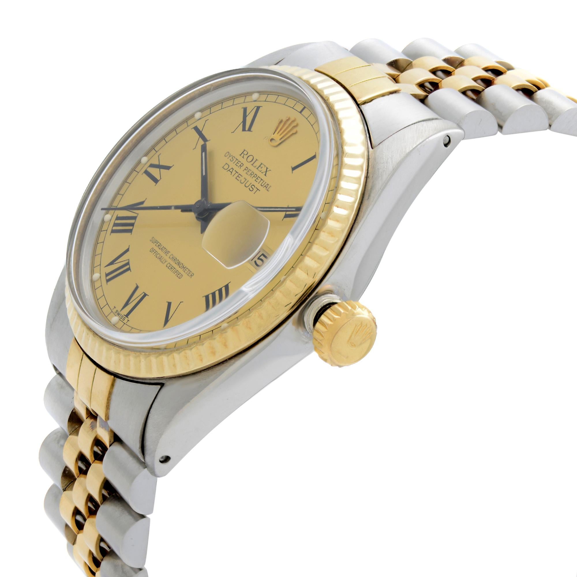 Rolex Datejust Steel 18k Yellow Gold Champagne Black Roman Dial Mens Watch 16013 In Good Condition In New York, NY