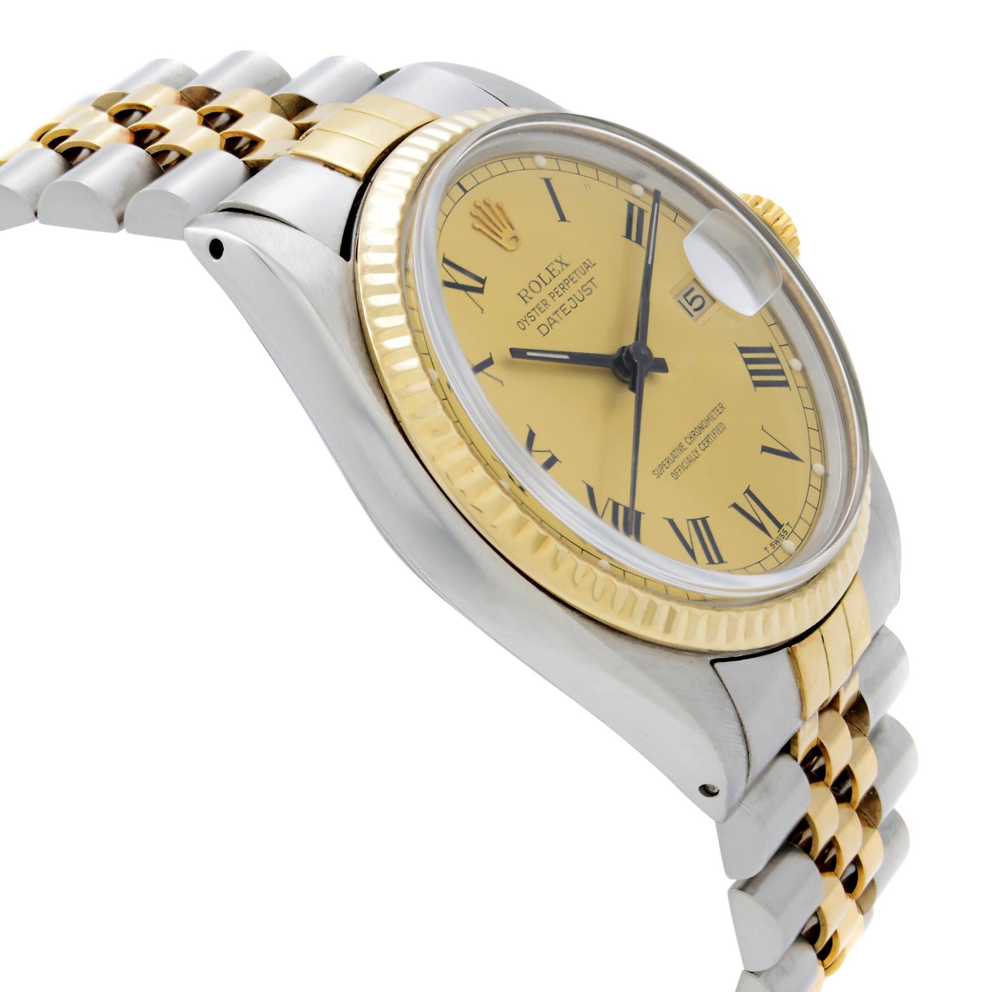 Men's Rolex Datejust Steel 18k Yellow Gold Champagne Black Roman Dial Mens Watch 16013
