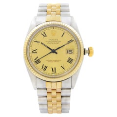 Vintage Rolex Datejust Steel 18k Yellow Gold Champagne Black Roman Dial Mens Watch 16013