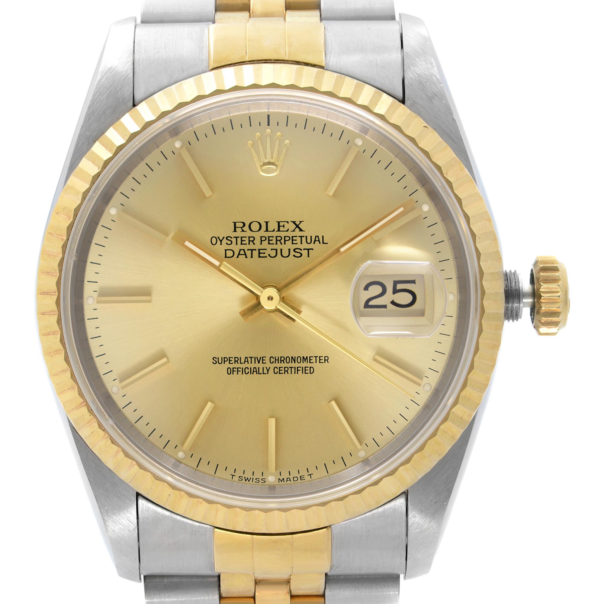 Pre Owned Rolex Datejust Steel 18k Yellow Gold Champagne Dial Automatic Men's Watch 16233. The timepiece is in good condition with a minimum slack on the bracelet. This Watch was Produced in 1990. Features: Stainless Steel Case with an 18k Gold and