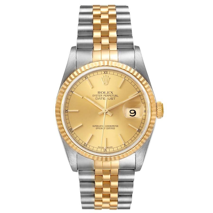 Rolex Datejust Steel 18K Yellow Gold Champagne Dial Mens Watch 16233. Officially certified chronometer self-winding movement. Stainless steel case 36 mm in diameter.  Rolex logo on a 18K yellow gold crown. 18k yellow gold fluted bezel. Scratch