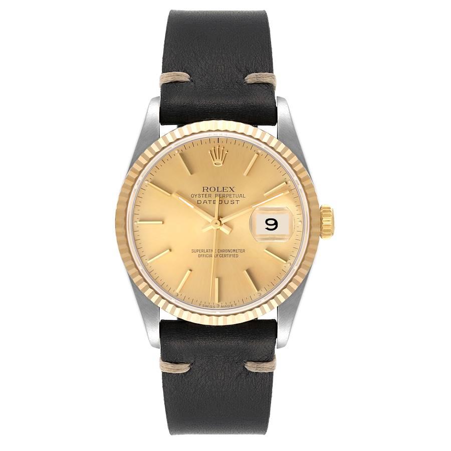 Rolex Datejust Steel 18K Yellow Gold Champagne Dial Mens Watch 16233. Officially certified chronometer self-winding movement. Stainless steel case 36 mm in diameter. Rolex logo on a 18K yellow gold crown. 18k yellow gold fluted bezel. Scratch