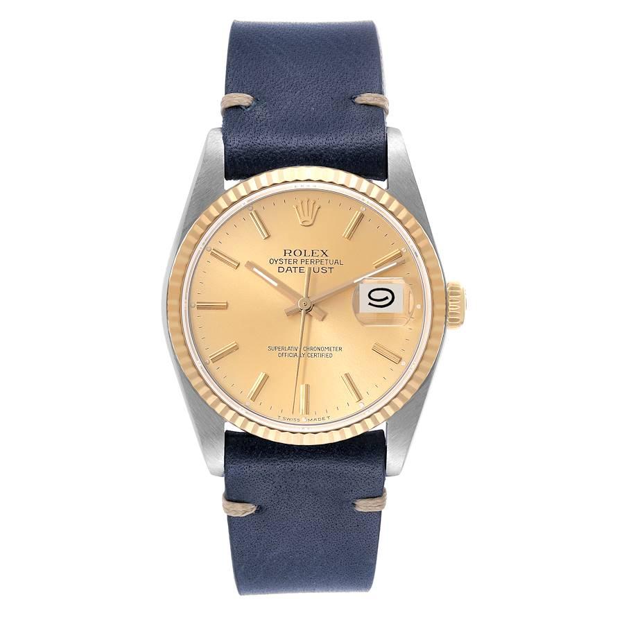 Rolex Datejust Steel 18K Yellow Gold Champagne Dial Mens Watch 16233. Officially certified chronometer automatic self-winding movement. Stainless steel case 36 mm in diameter.  Rolex logo on an 18K yellow gold crown. 18k yellow gold fluted bezel.