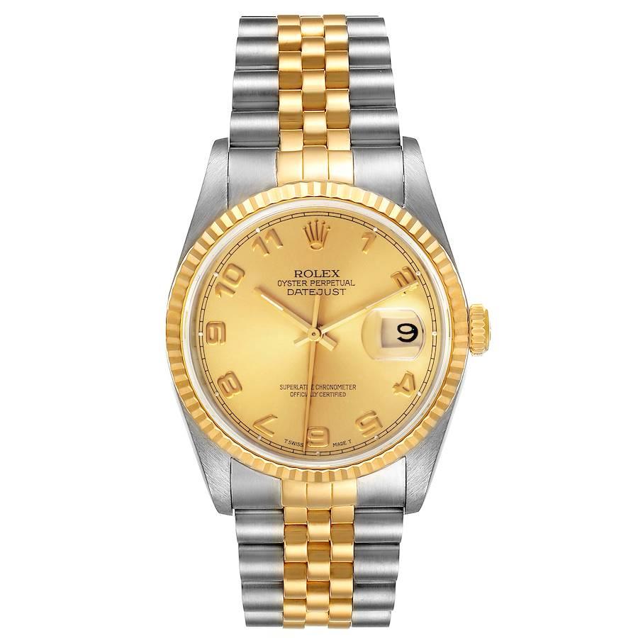Rolex Datejust Steel 18K Yellow Gold Champagne Dial Watch 16233 Box Papers. Officially certified chronometer self-winding movement. Stainless steel case 36 mm in diameter.  Rolex logo on a 18K yellow gold crown. 18k yellow gold fluted bezel. Scratch