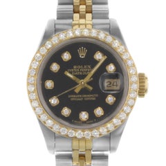 Rolex Datejust Steel 18K Yellow Gold Custom Diamonds Black Dial Watch 69173