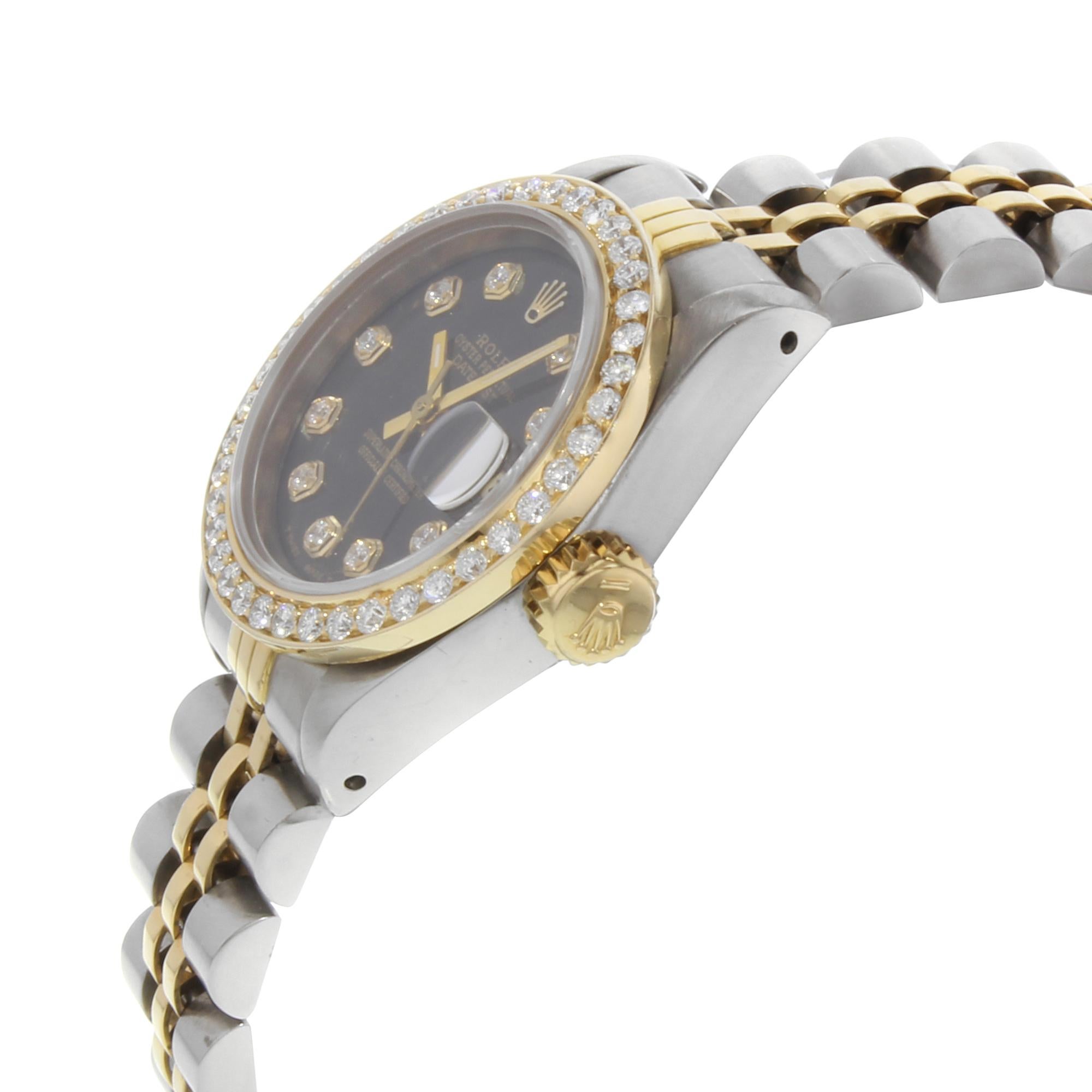 Reloj Rolex Datejust Acero 18K Oro Amarillo Personalizado Diamantes Esfera Negra 69173 en Bueno estado para la venta en New York, NY