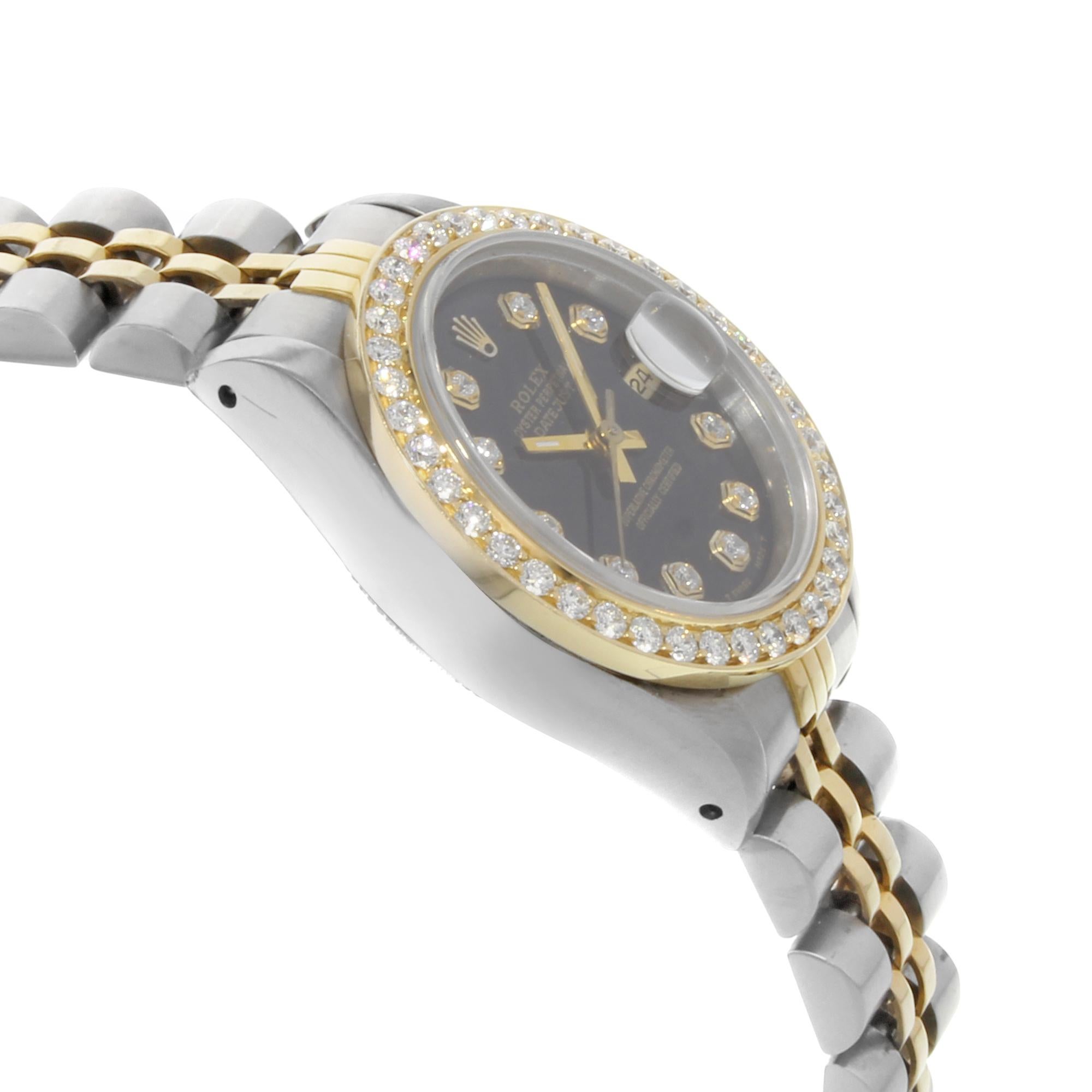 De las mujeres Reloj Rolex Datejust Acero 18K Oro Amarillo Personalizado Diamantes Esfera Negra 69173 en venta