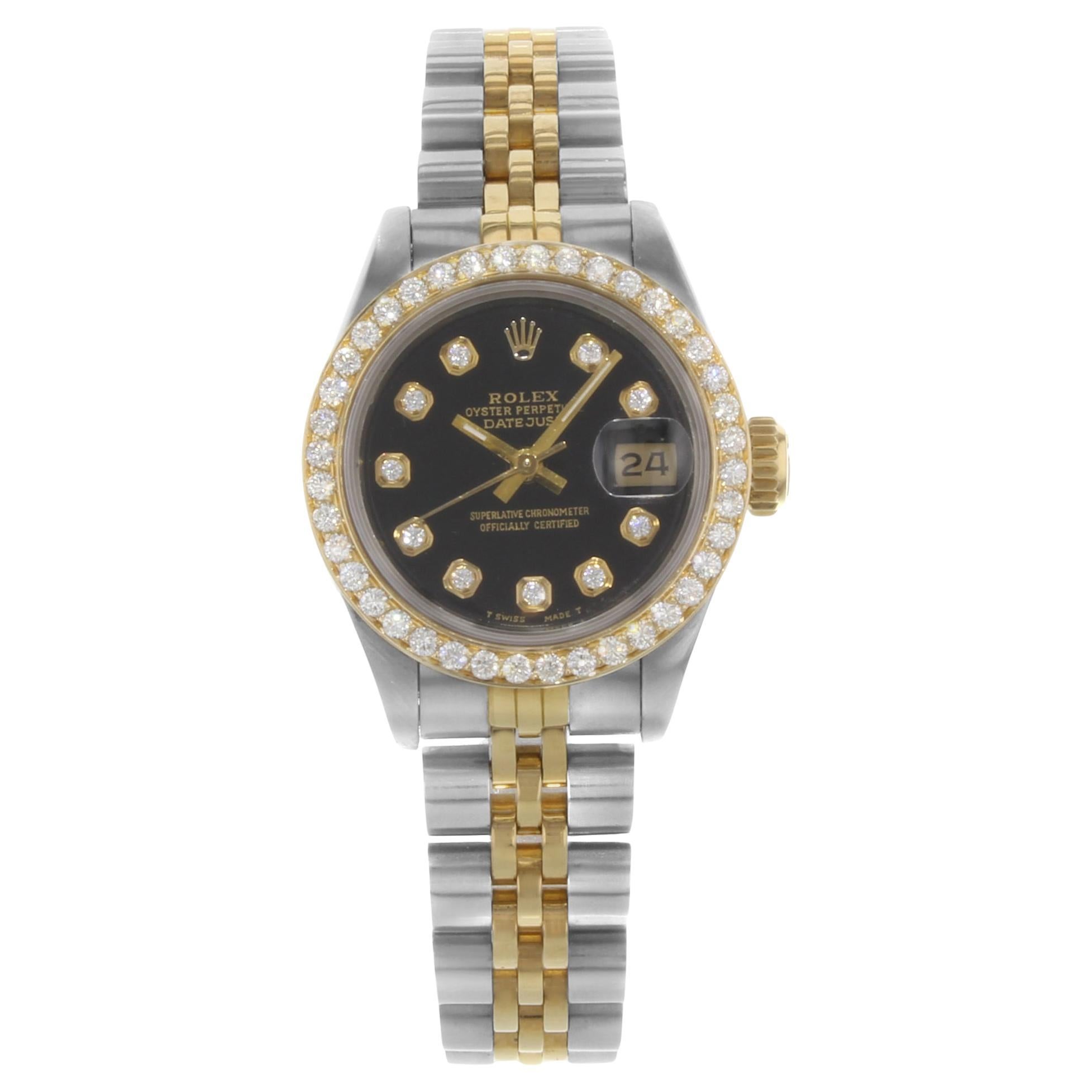 Rolex Datejust Steel 18K Yellow Gold Custom Diamonds Black Dial Watch 69173