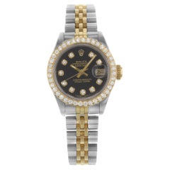 Rolex Datejust Steel 18K Yellow Gold Custom Diamonds Black Dial Watch 69173