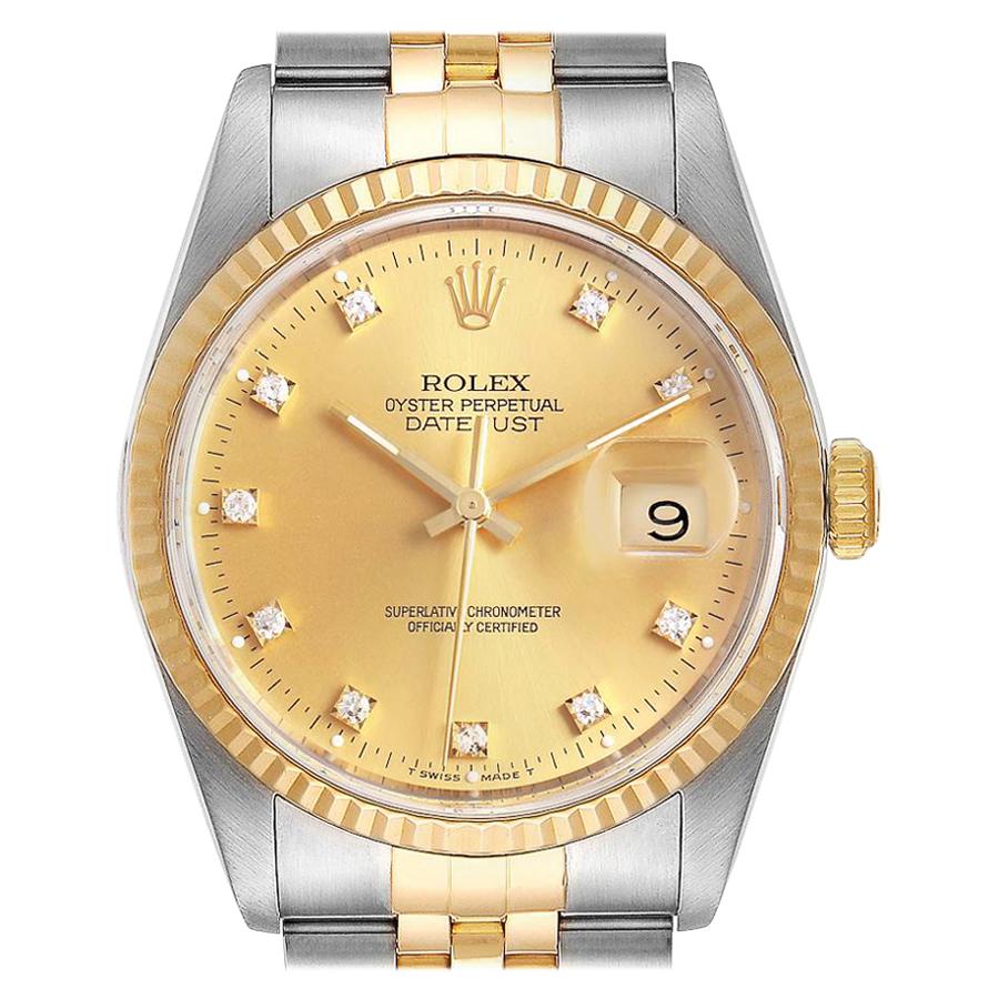Rolex Datejust Steel 18K Yellow Gold Diamond Dial Men's Watch 16233 Box Card For Sale