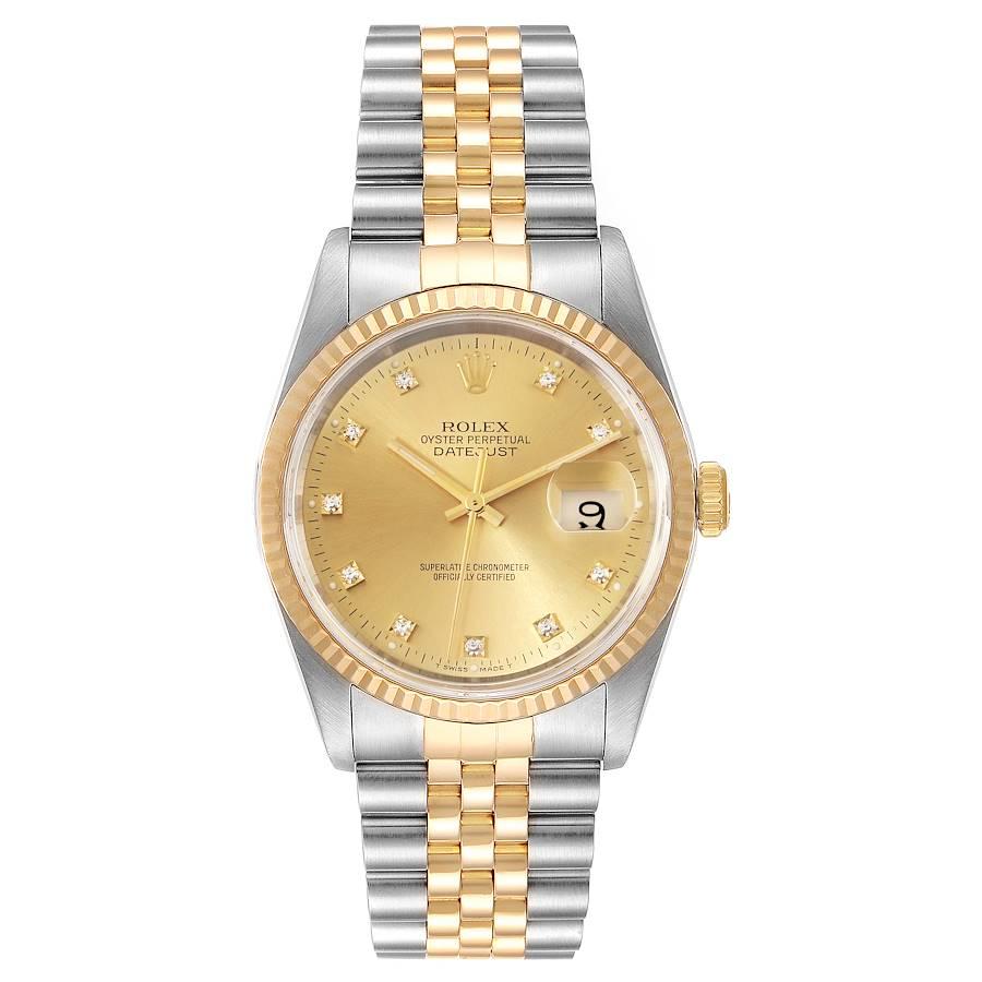 Rolex Datejust Steel 18K Yellow Gold Diamond Dial Mens Watch 16233 Box Papers. Officially certified chronometer self-winding movement. Stainless steel case 36 mm in diameter. Rolex logo on a 18K yellow gold crown. 18k yellow gold fluted bezel.