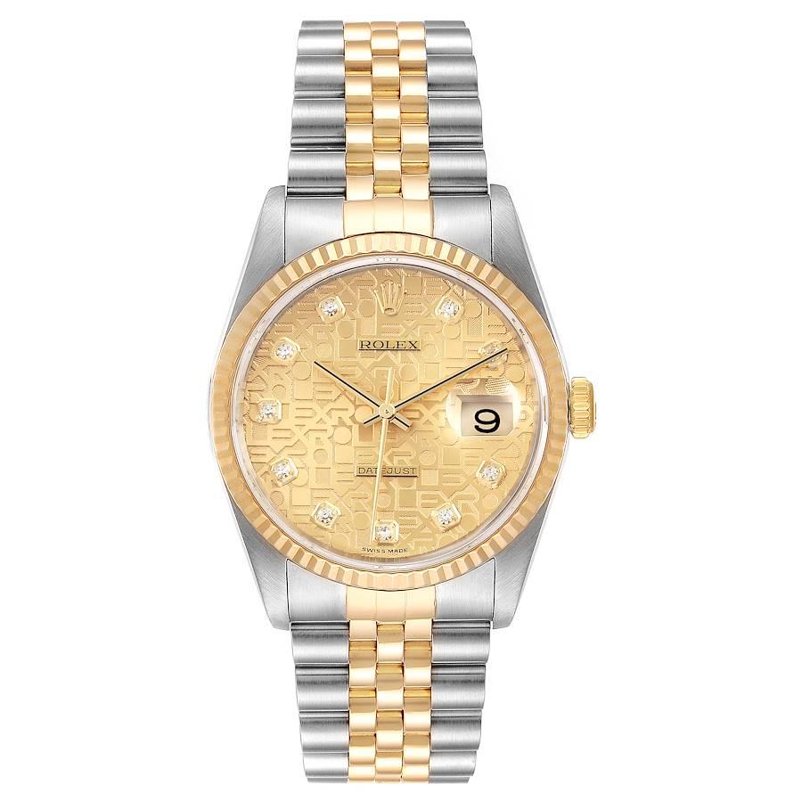 Rolex Datejust Steel 18K Yellow Gold Diamond Dial Mens Watch 16233 Box Papers. Officially certified chronometer self-winding movement. Stainless steel case 36 mm in diameter.  Rolex logo on a 18K yellow gold crown. 18k yellow gold fluted bezel.