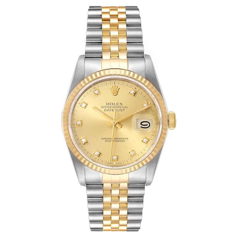 Rolex Datejust Steel 18K Yellow Gold Diamond Dial Mens Watch 16233. Officially certified chronometer self-winding movement. Stainless steel case 36 mm in diameter.  Rolex logo on a 18K yellow gold crown. 18k yellow gold fluted bezel. Scratch