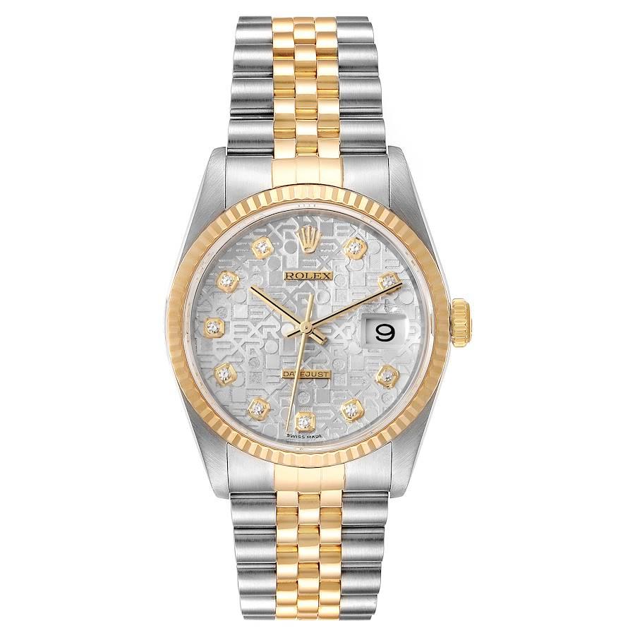 Rolex Datejust Steel 18K Yellow Gold Diamond Dial Mens Watch 16233. Officially certified chronometer self-winding movement. Stainless steel case 36 mm in diameter. Rolex logo on a 18K yellow gold crown. 18k yellow gold fluted bezel. Scratch