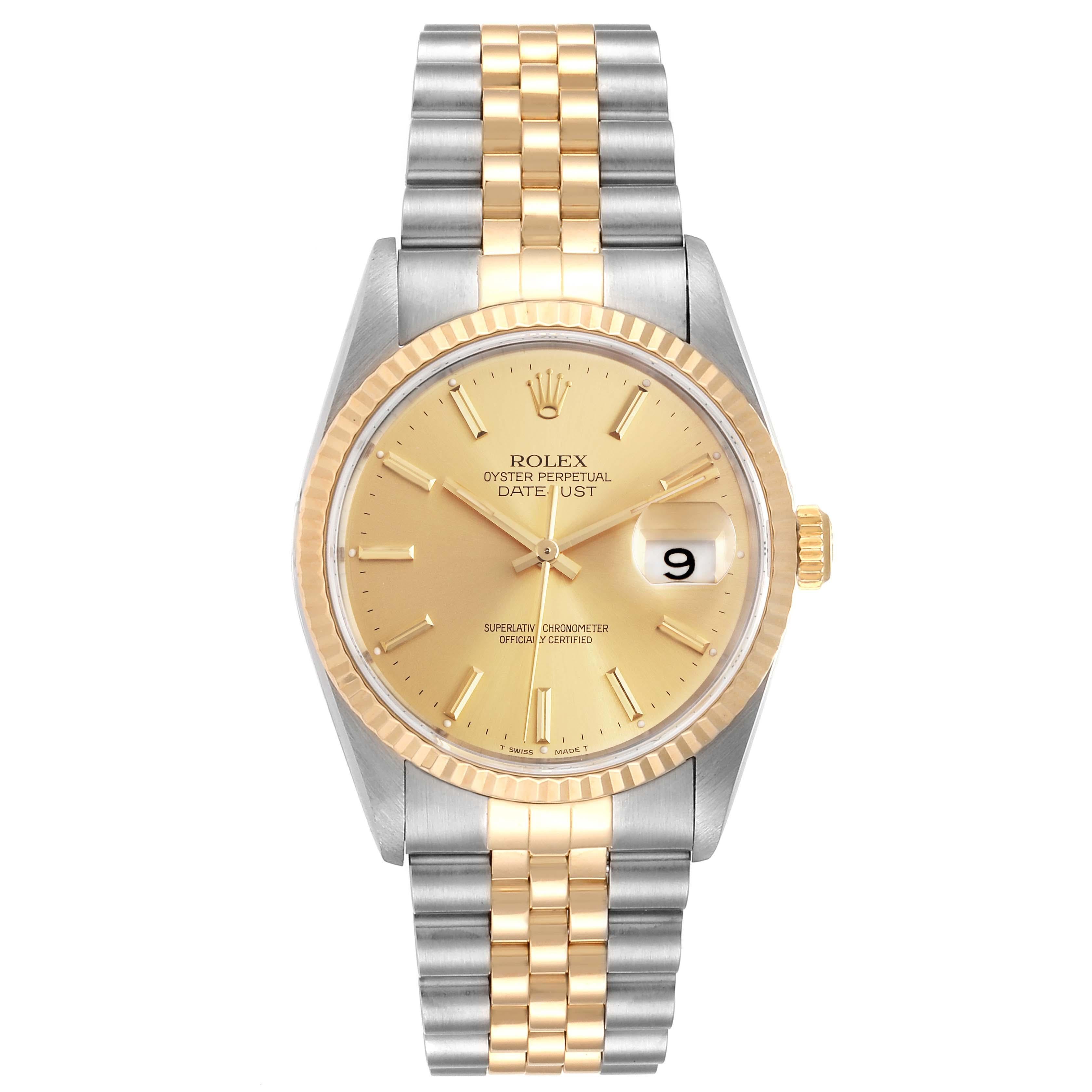 Rolex Datejust Steel 18K Yellow Gold Fluted Bezel Mens Watch 16233. Officially certified chronometer self-winding movement. Stainless steel case 36 mm in diameter. Rolex logo on a 18K yellow gold crown. 18k yellow gold fluted bezel. Scratch