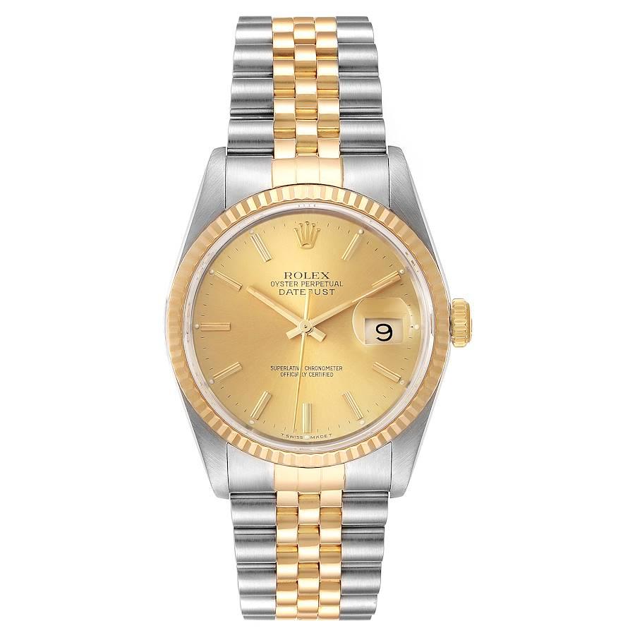 Rolex Datejust Steel 18K Yellow Gold Fluted Bezel Mens Watch 16233. Officially certified chronometer self-winding movement. Stainless steel case 36 mm in diameter.  Rolex logo on a 18K yellow gold crown. 18k yellow gold fluted bezel. Scratch