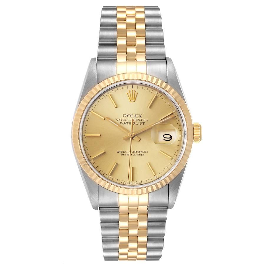 Rolex Datejust Steel 18K Yellow Gold Fluted Bezel Mens Watch 16233. Officially certified chronometer self-winding movement. Stainless steel case 36 mm in diameter.  Rolex logo on a 18K yellow gold crown. 18k yellow gold fluted bezel. Scratch
