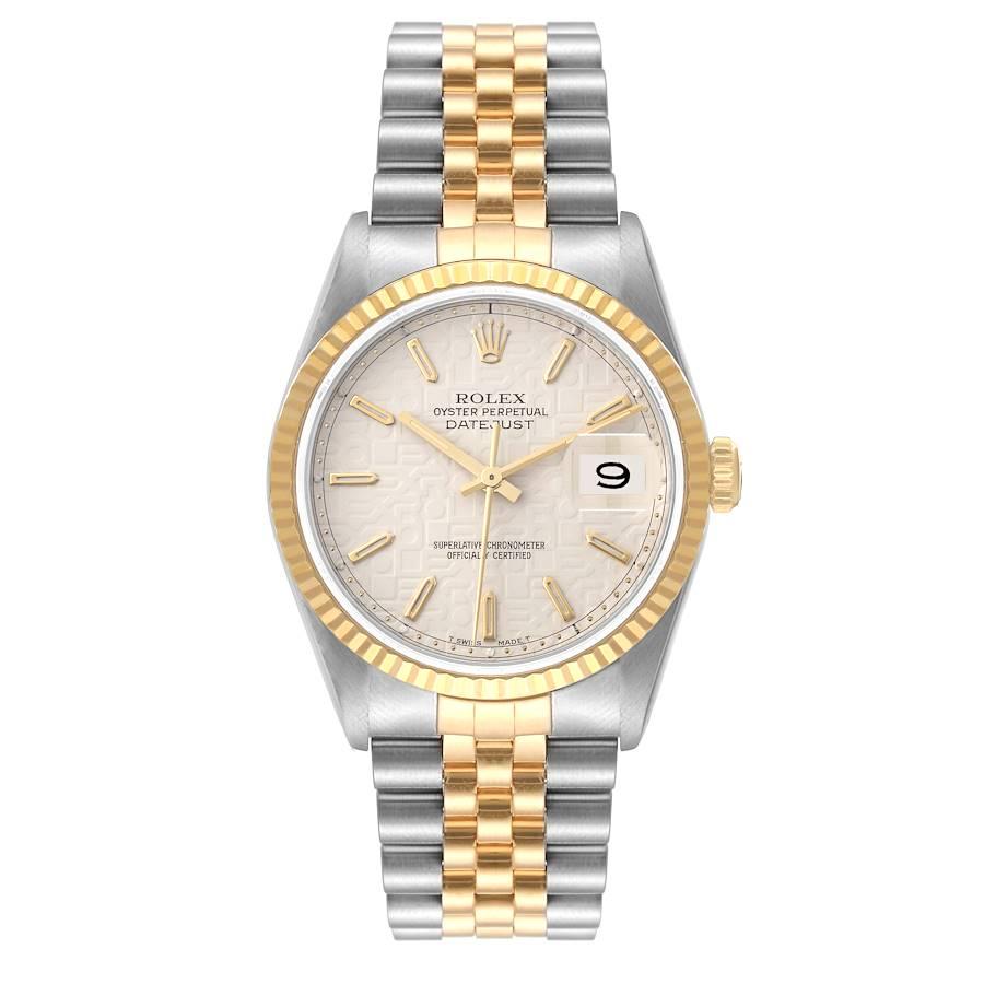 Rolex Datejust Steel 18K Yellow Gold Ivory Anniversary Dial Mens Watch 16233. Officially certified chronometer self-winding movement. Stainless steel case 36 mm in diameter. Rolex logo on an 18K yellow gold crown. 18k yellow gold fluted bezel.