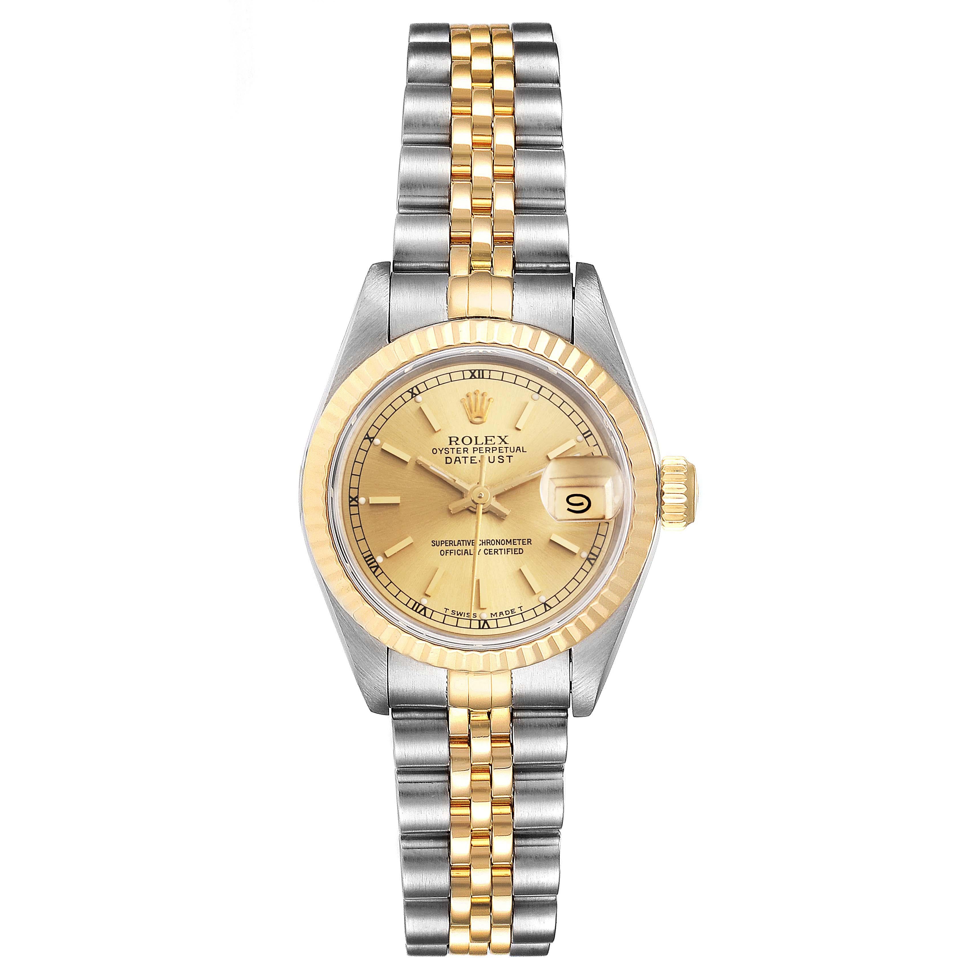 Rolex Datejust Steel 18K Yellow Gold Ladies Watch 69173 Box Papers. Officially certified chronometer self-winding movement. Stainless steel oyster case 26.0 mm in diameter. Rolex logo on a crown. 18k yellow gold fluted bezel. Scratch resistant