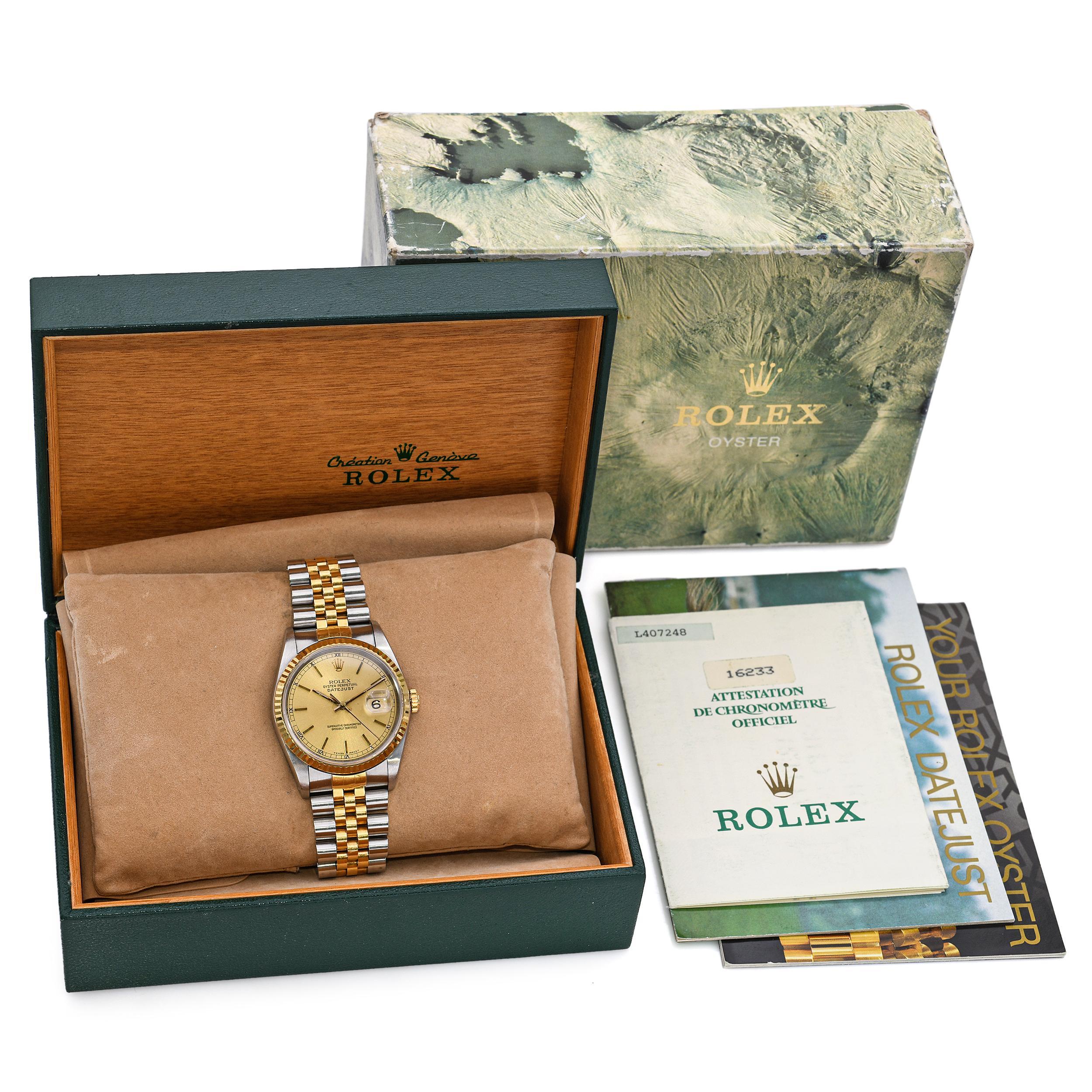 Este Rolex Datejust vintage tiene la emblemática caja de 36 mm de acero inoxidable y oro amarillo de 18 quilates, que combina el estilo atemporal con la comodidad de uso diario. Su diseño clásico se acentúa con un bisel estriado y una elegante