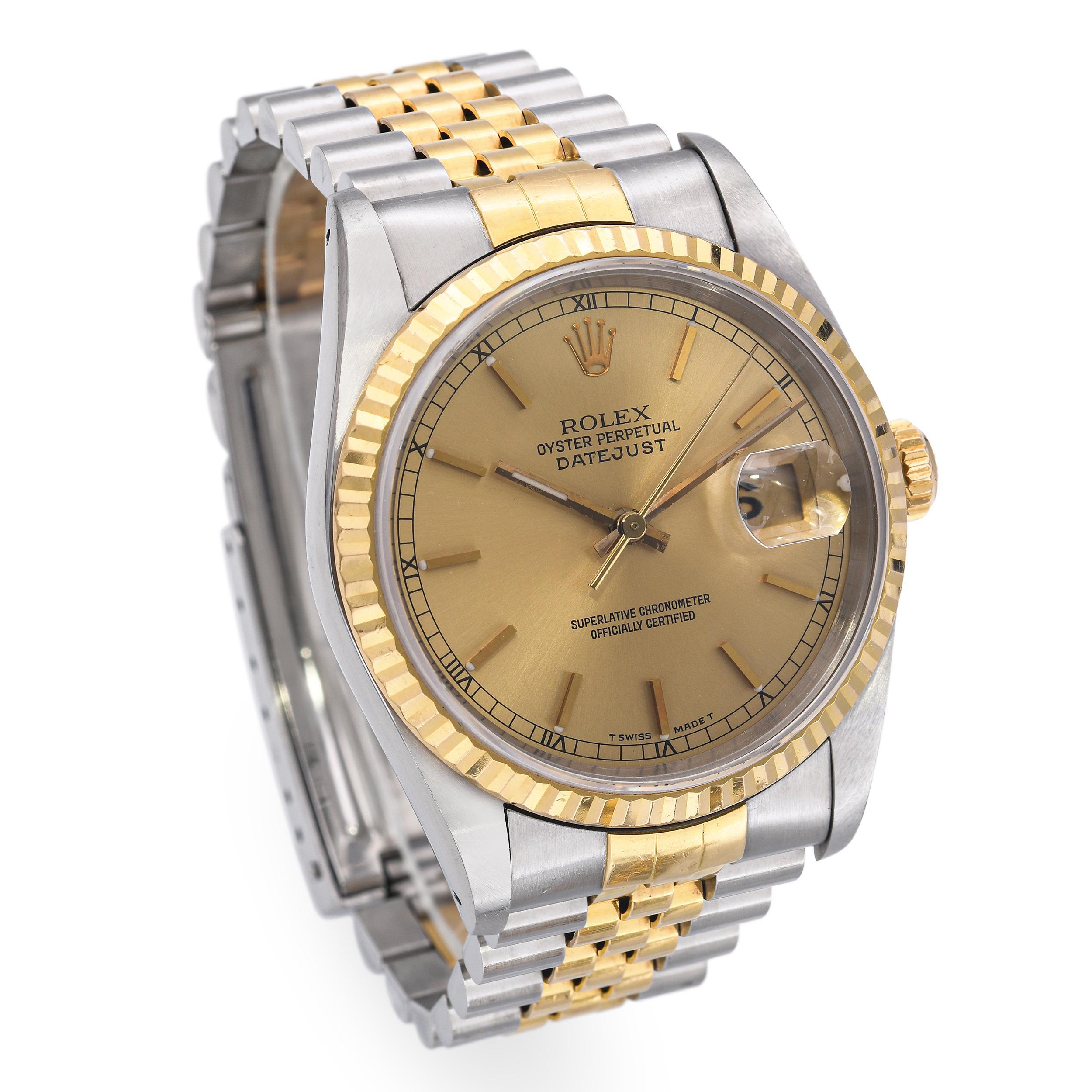 Reloj de caballero Rolex Datejust de acero y oro amarillo de 18 quilates Ref 16233 en Excelente estado para la venta en New York, NY