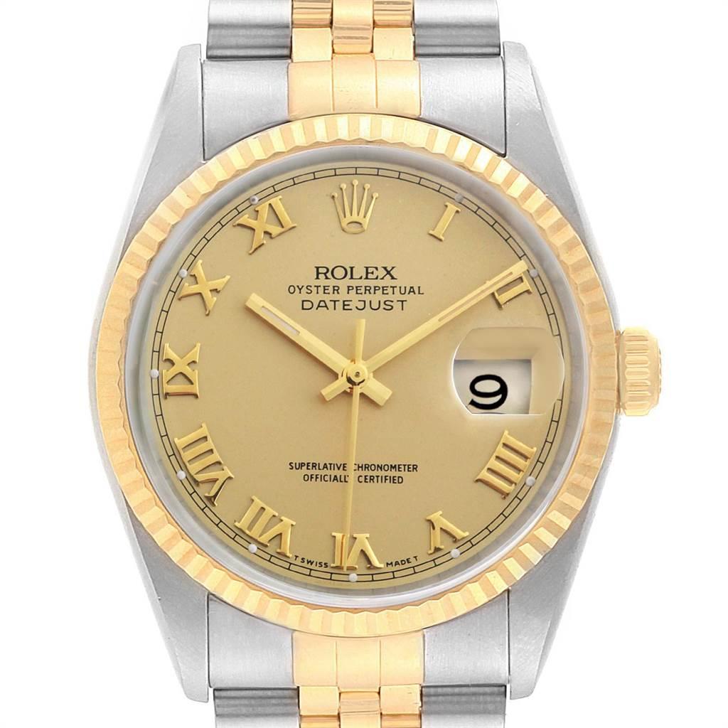 Rolex Datejust Steel 18K Yellow Gold Roman Dial Mens Watch 16233. Officially certified chronometer self-winding movement. Stainless steel case 36 mm in diameter. Rolex logo on a 18K yellow gold crown. 18k yellow gold fluted bezel. Scratch resistant