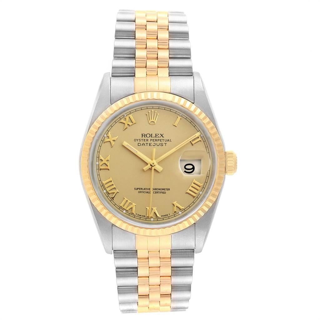 Rolex Datejust Steel 18 Karat Yellow Gold Roman Dial Men's Watch 16233 In Good Condition In Atlanta, GA