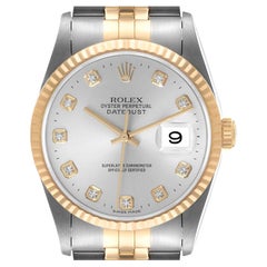 Rolex Datejust Steel 18K Yellow Gold Silver Diamond Dial Mens Watch 16233