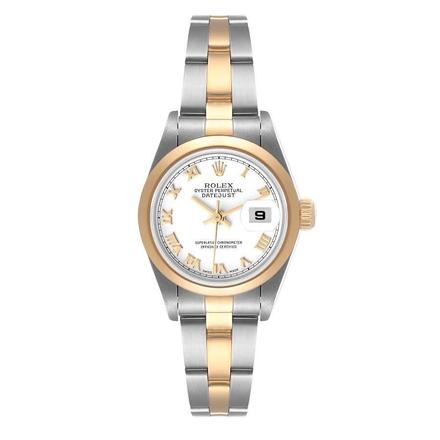Rolex Datejust Steel 18k Yellow Gold White Dial Ladies Watch 79163. Officially certified chronometer self-winding movement. Stainless steel oyster case 26 mm in diameter. Rolex logo on a 18k yellow gold crown. 18k yellow gold smooth domed bezel.