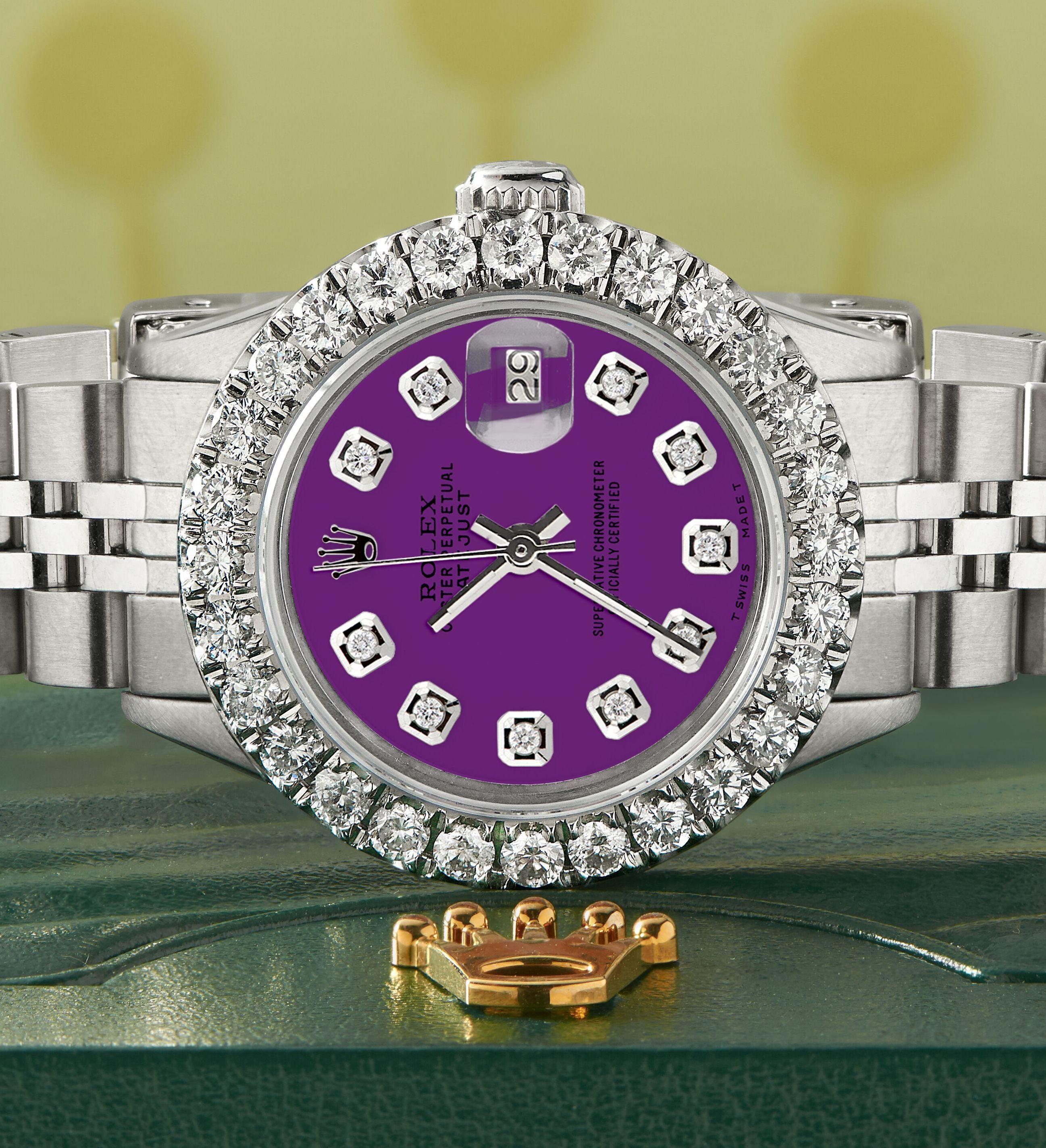 Rolex Datejust Steel Jubilee Watch 2 Carat Diamond Bezel / Dark Purple Dial In Excellent Condition For Sale In New York, NY