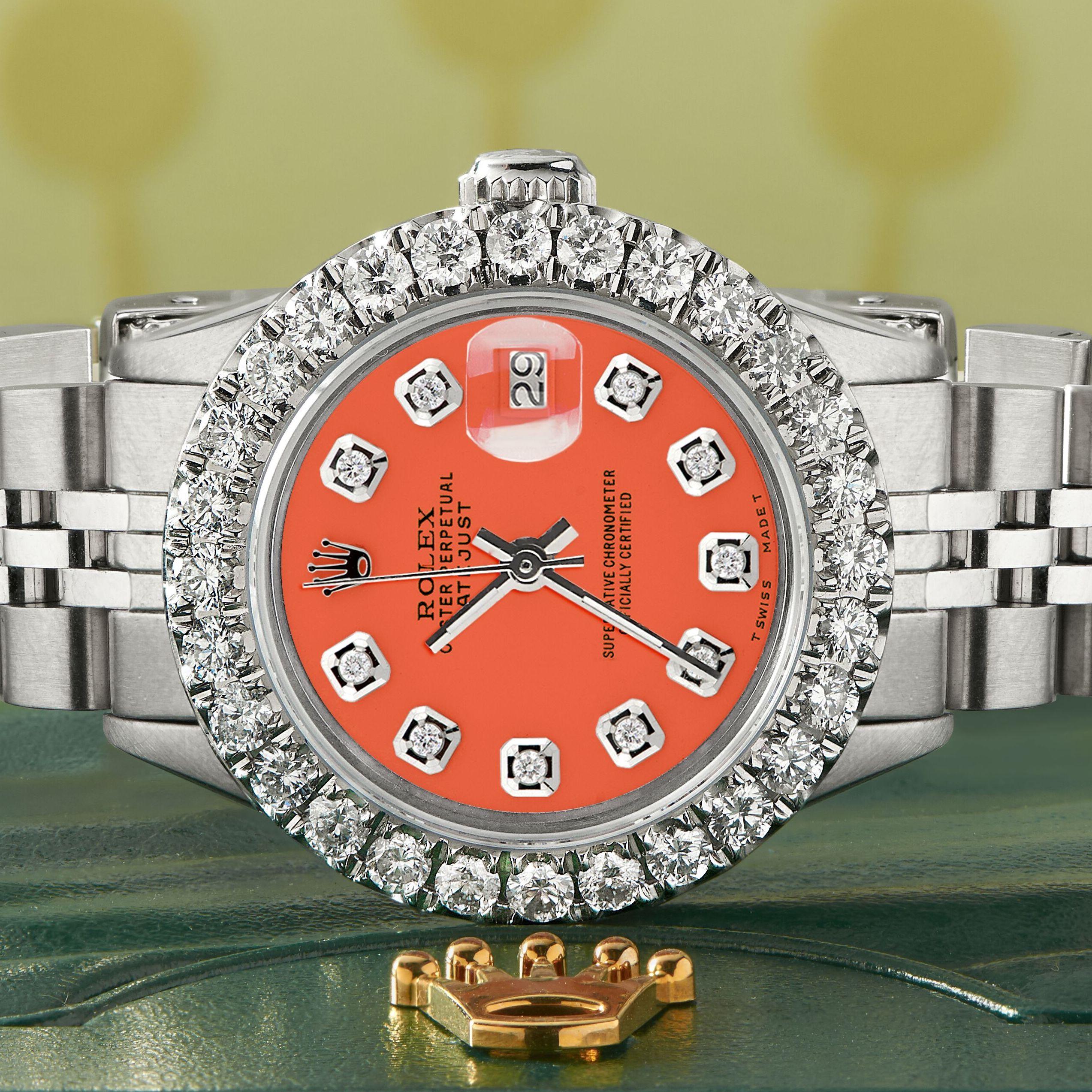 Women's Rolex Datejust Steel Jubilee Watch 2 Carat Diamond Bezel / Orange Diamond Dial For Sale