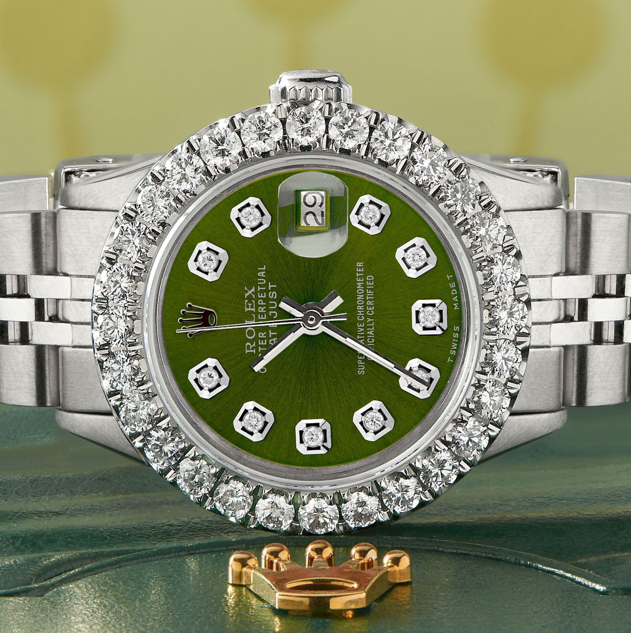 Rolex Datejust Steel Jubilee Watch 2 Carat Diamond Bezel / Royal Green Dial In Excellent Condition For Sale In New York, NY
