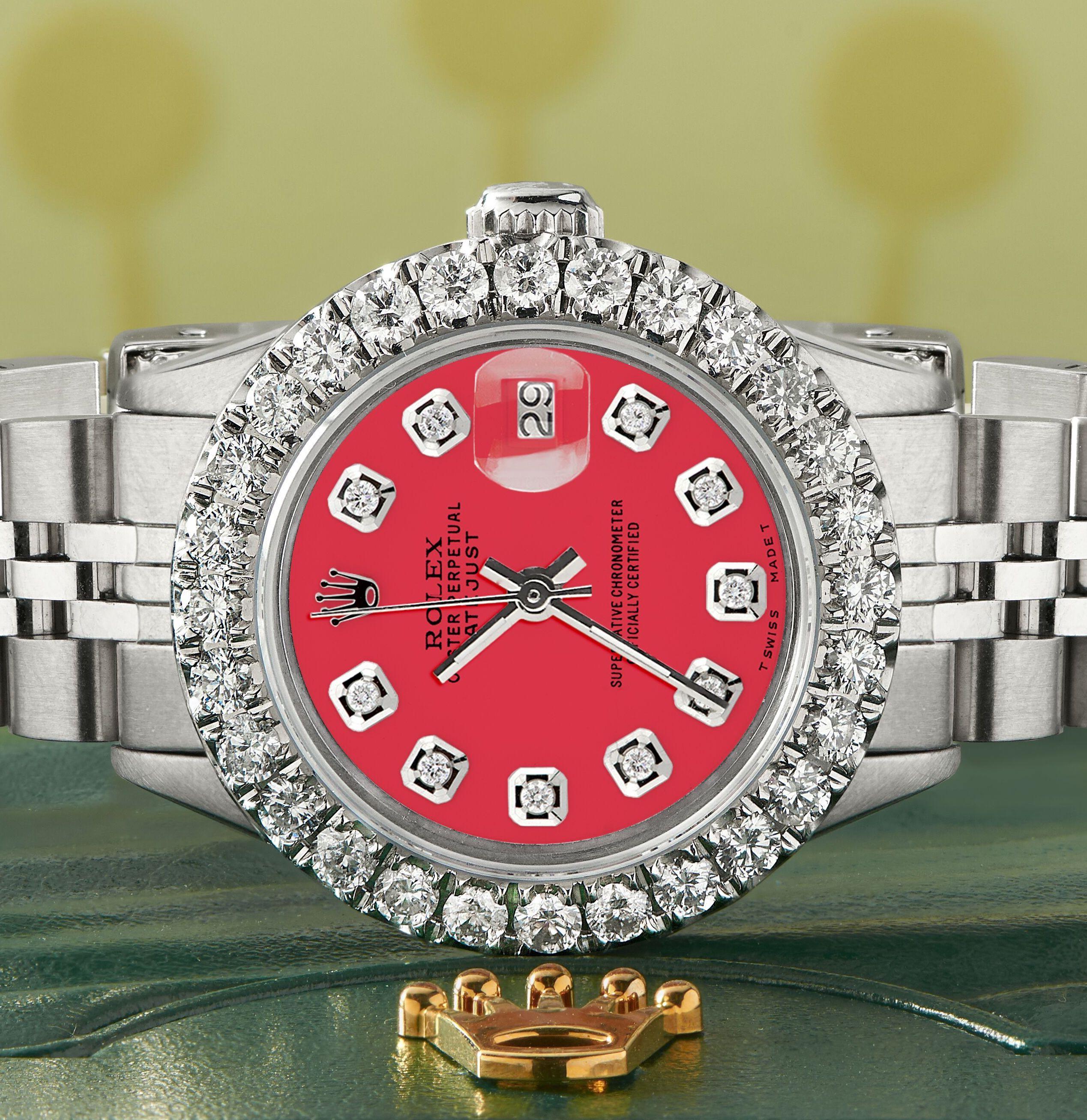 Rolex Datejust Steel Jubilee Watch 2 Carat Diamond Bezel / Scarlet Red Dial In Excellent Condition For Sale In New York, NY