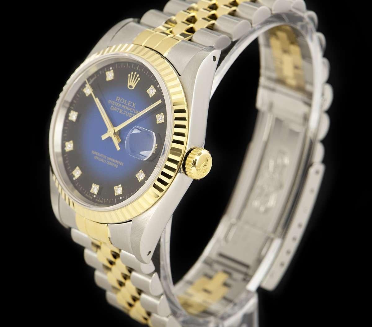 A Stainless Steel & 18k Yellow Gold Oyster Perpetual Datejust Gents Wristwatch, blue vignette dial with 10 applied round brilliant cut diamond hour markers, date at 3 0'clock, a fixed 18k yellow gold fluted bezel, a stainless steel and 18k yellow