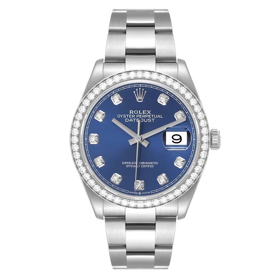 Rolex Datejust Steel Blue Diamond Dial Bezel Mens Watch 126284. Officially certified chronometer self-winding movement. Stainless steel case 36.0 mm in diameter.  Rolex logo on a crown. Original Rolex factory diamond bezel. Scratch resistant