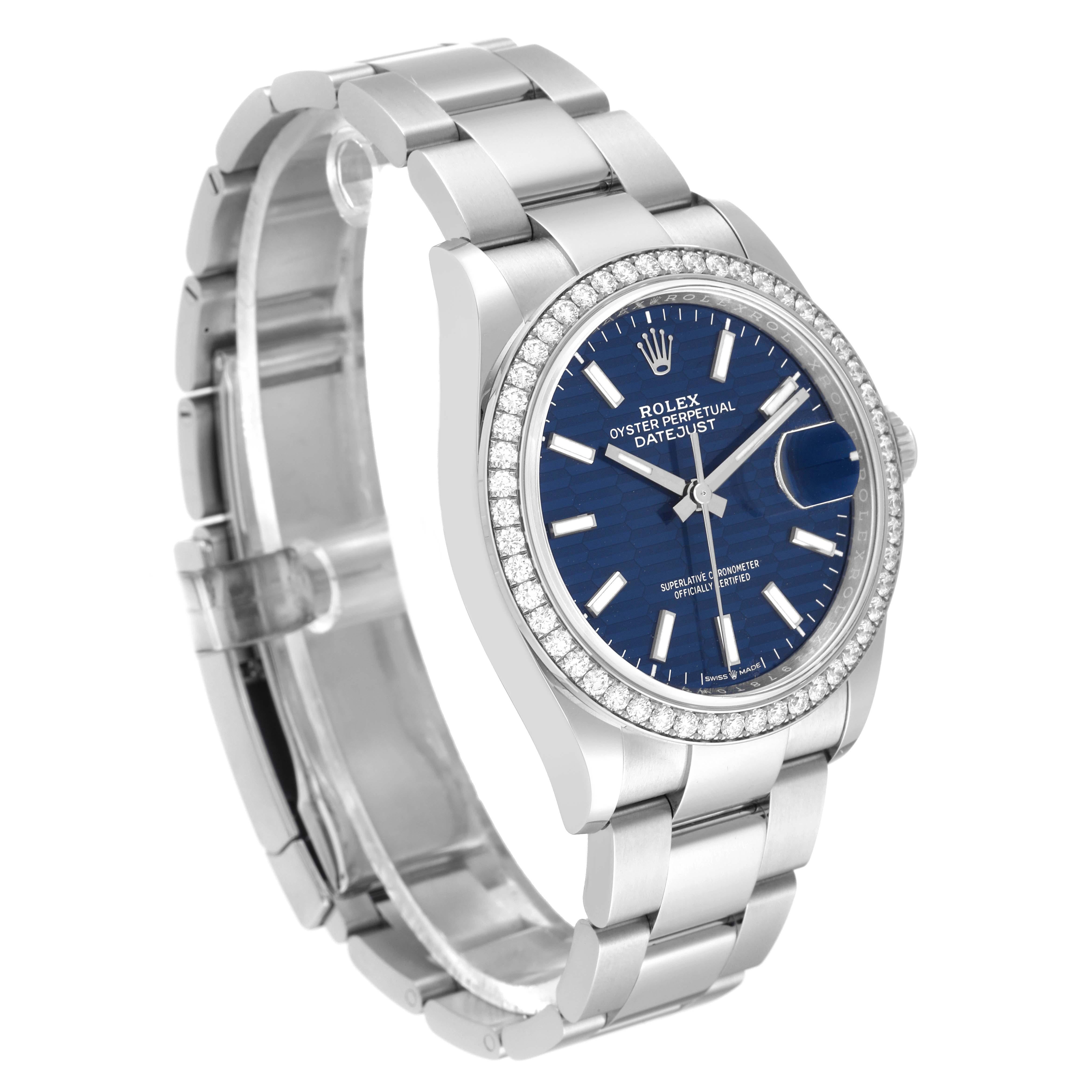 Rolex Datejust Steel Blue Fluted Dial Diamond Mens Watch 126284 Unworn In Excellent Condition For Sale In Atlanta, GA
