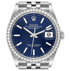 Rolex Datejust Steel Blue Fluted Dial Diamond Mens Watch 126284 Unworn