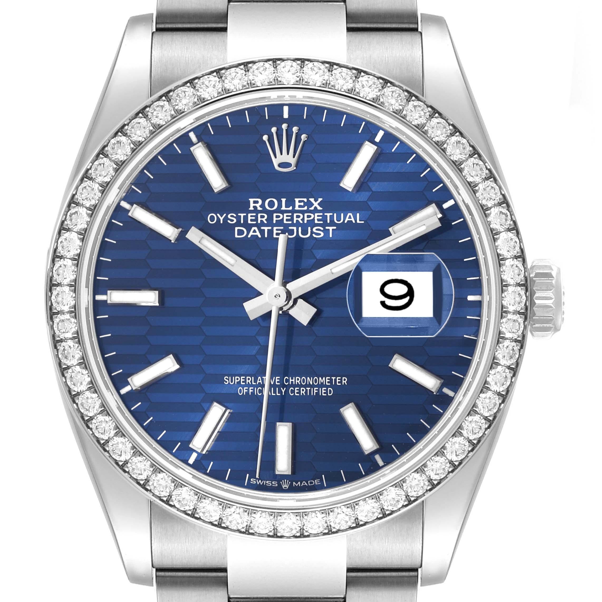 Rolex Datejust Steel Blue Fluted Dial Diamond Mens Watch 126284 Unworn For Sale