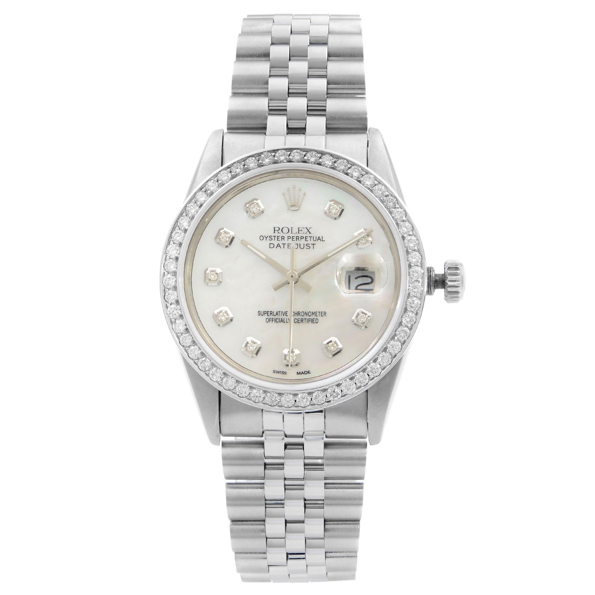 Rolex Datejust Steel Custom 1.20 Carat Diamond White MOP Dial 1988 Watch 16014
