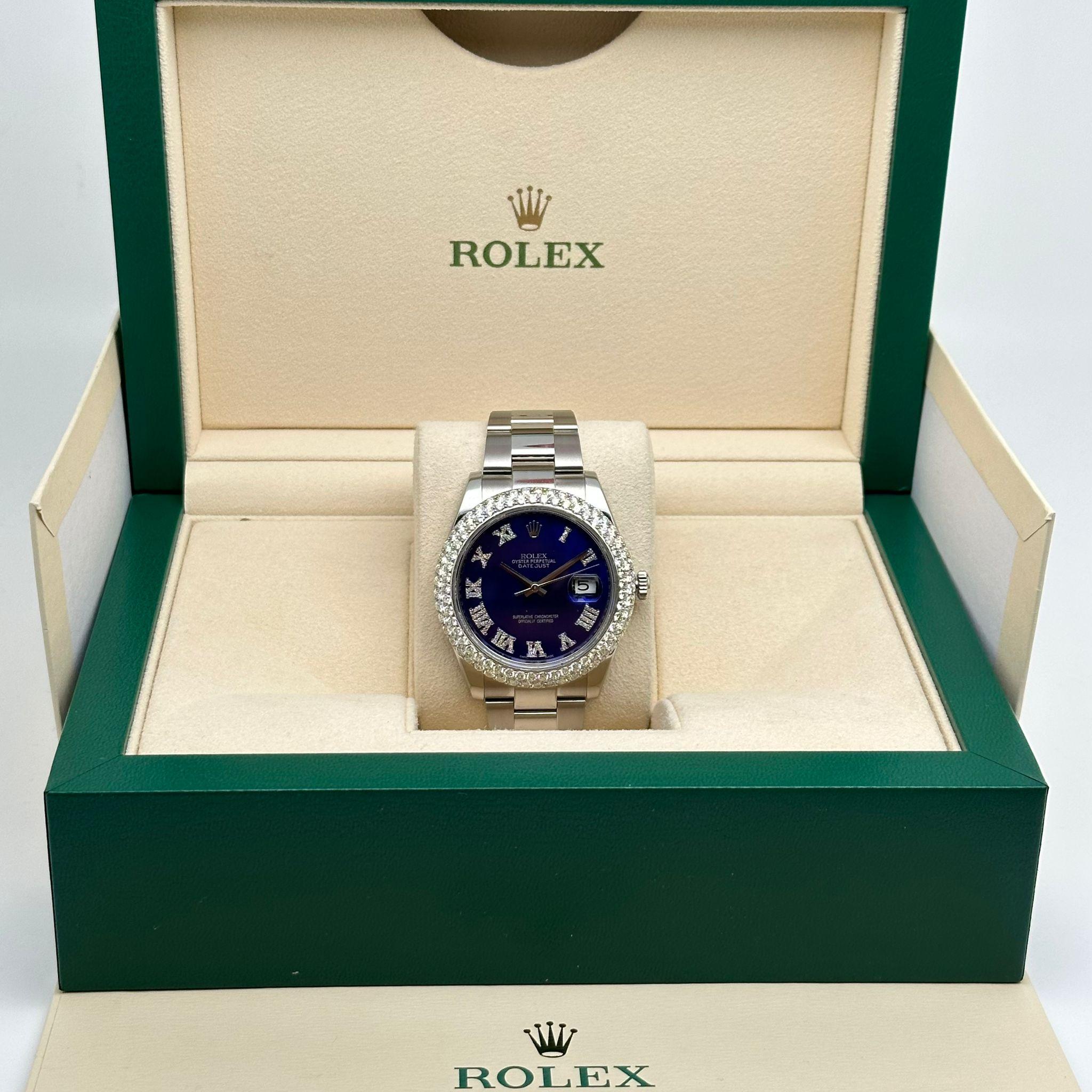 Rolex Datejust Stahl Automatikuhr 126300 mit Diamant-Lünette und blauem Zifferblatt Herren im Angebot