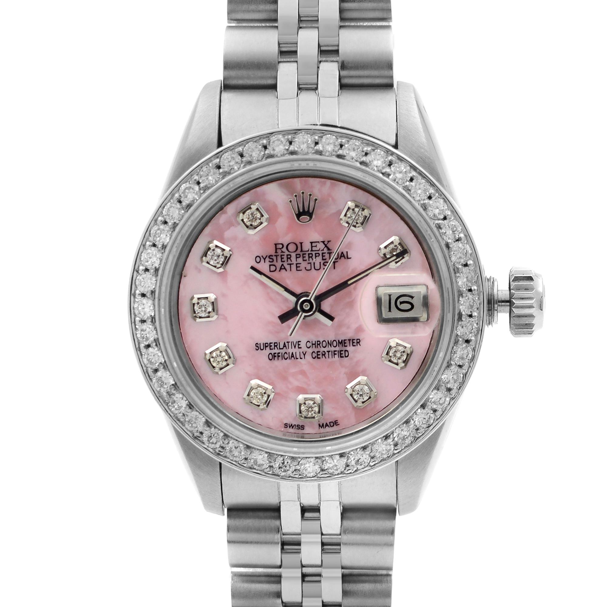 Custom Diamond Bezel and Pink Mother of Pearl dial. 1-Carat diamond bezel. the bracelet has minor slack. Original Box and Papers are not included comes with a Chronostore presentation box and authenticity card. Covered by a one-year Chronostore