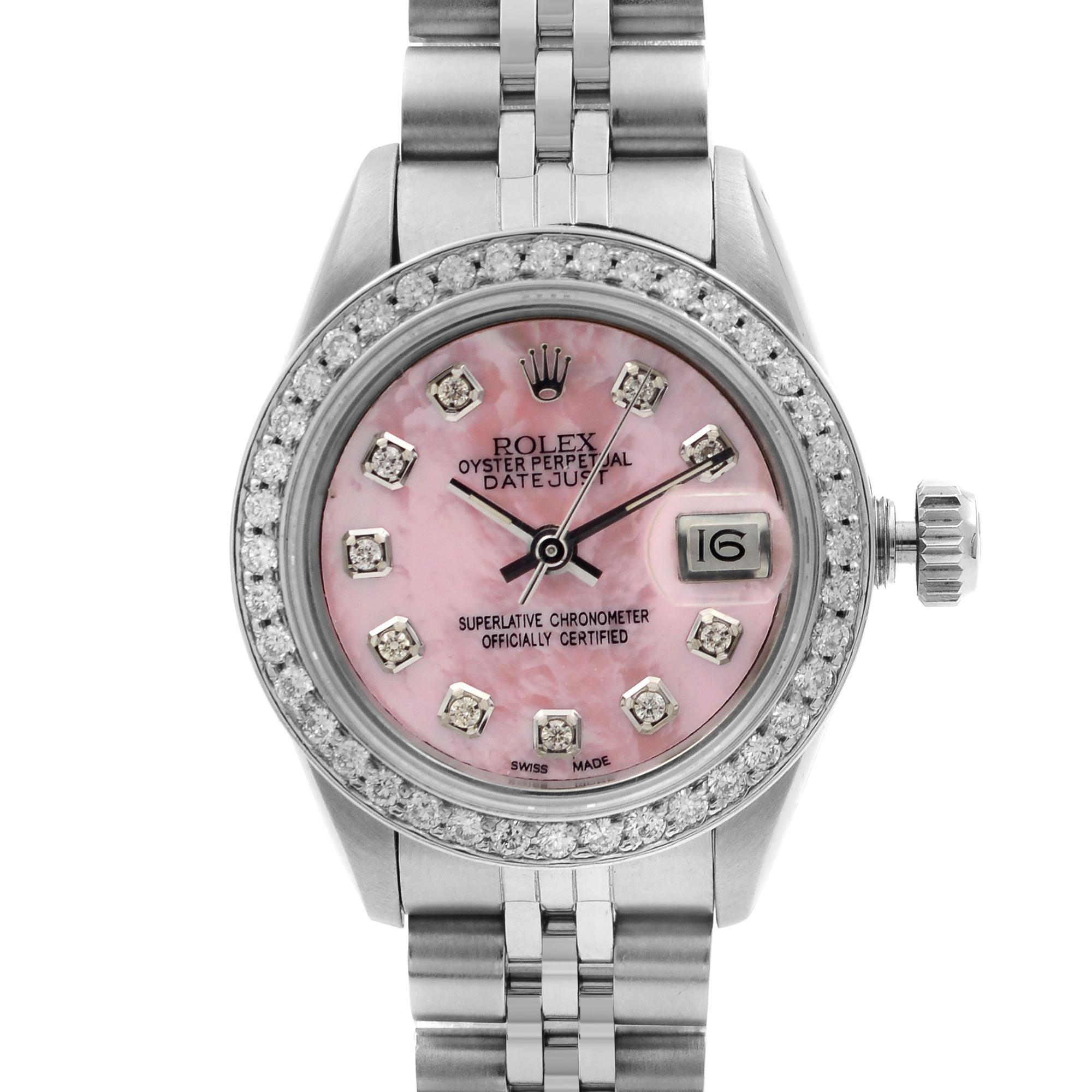 Pre-owned. Custom Diamond Bezel and Pink Mother of Pearl dial.

