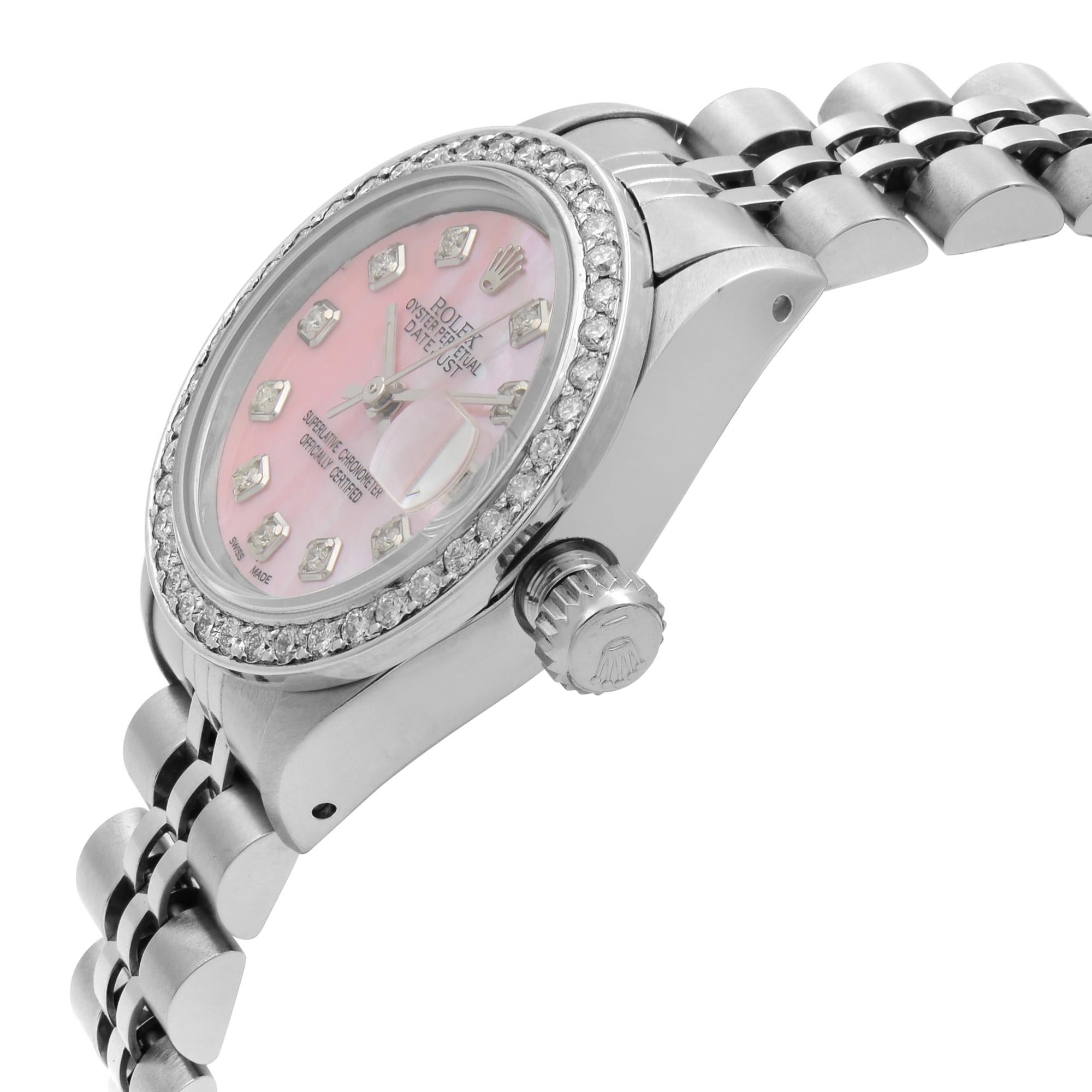 Rolex Datejust Steel Custom Diamond Pink MOP Dial Ladies Automatic Watch 69174 In Good Condition For Sale In New York, NY