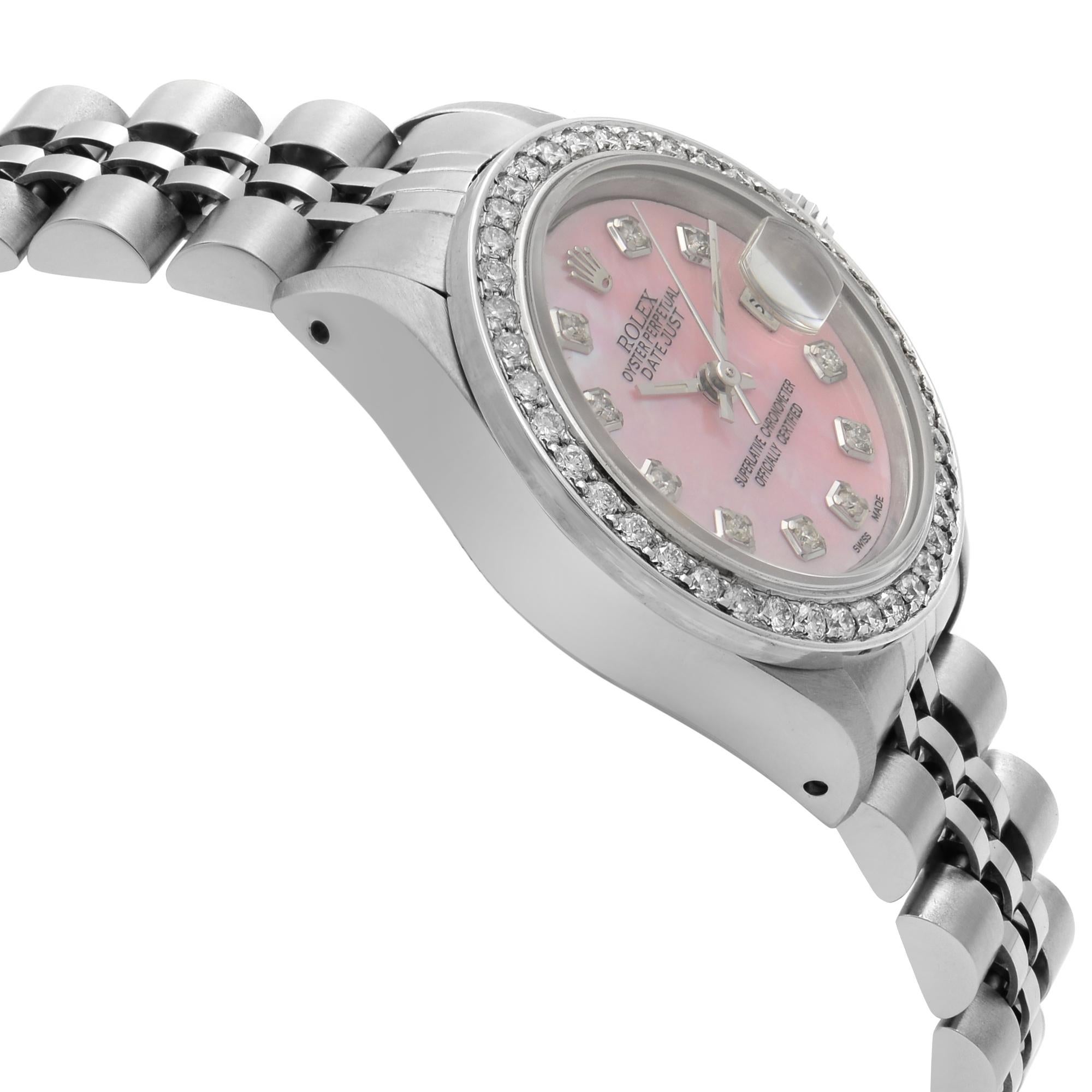 Women's Rolex Datejust Steel Custom Diamond Pink MOP Dial Ladies Automatic Watch 69174 For Sale