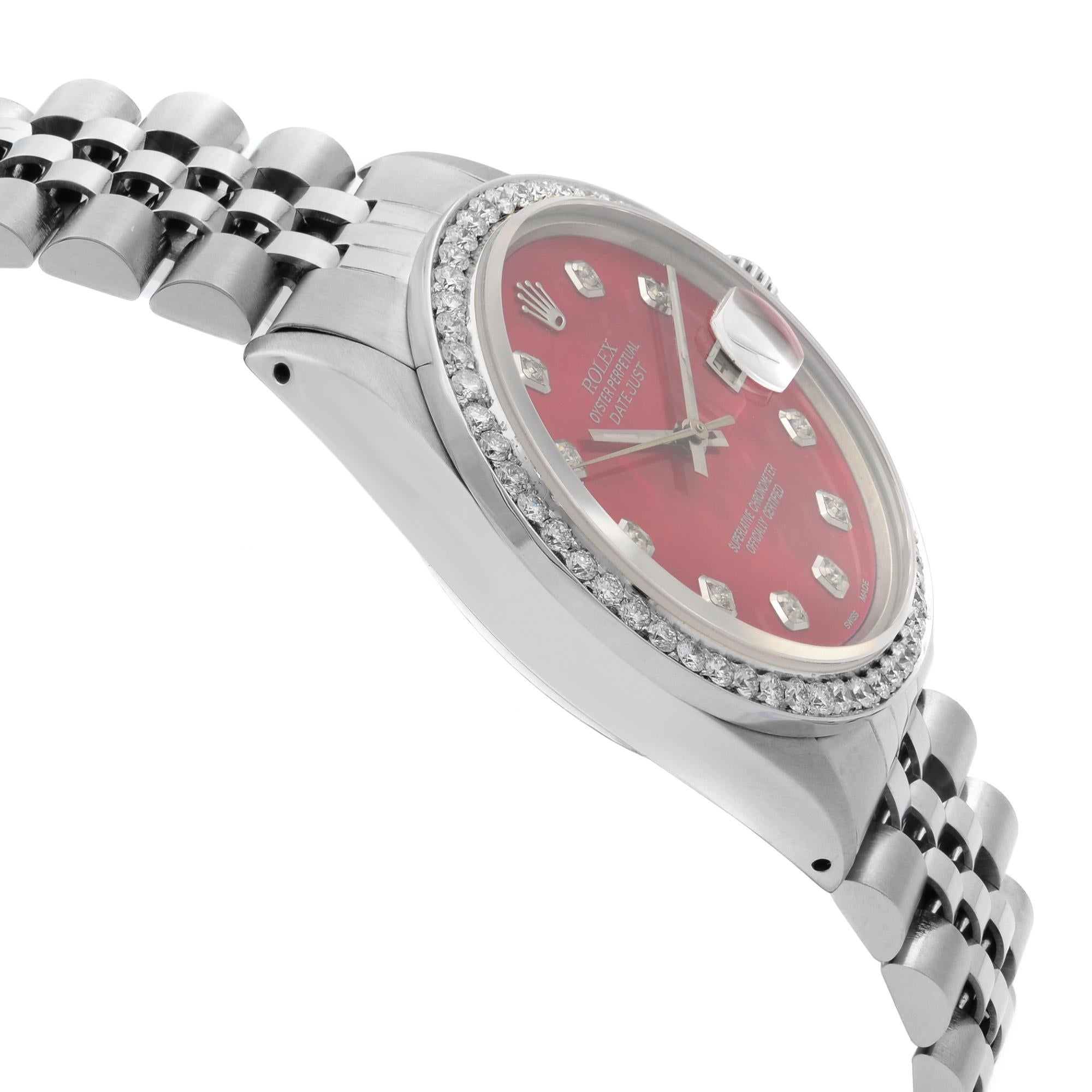 Rolex Datejust Steel Custom Diamond Red MOP Dial Automatic Men’s Watch 16014 In Excellent Condition For Sale In New York, NY