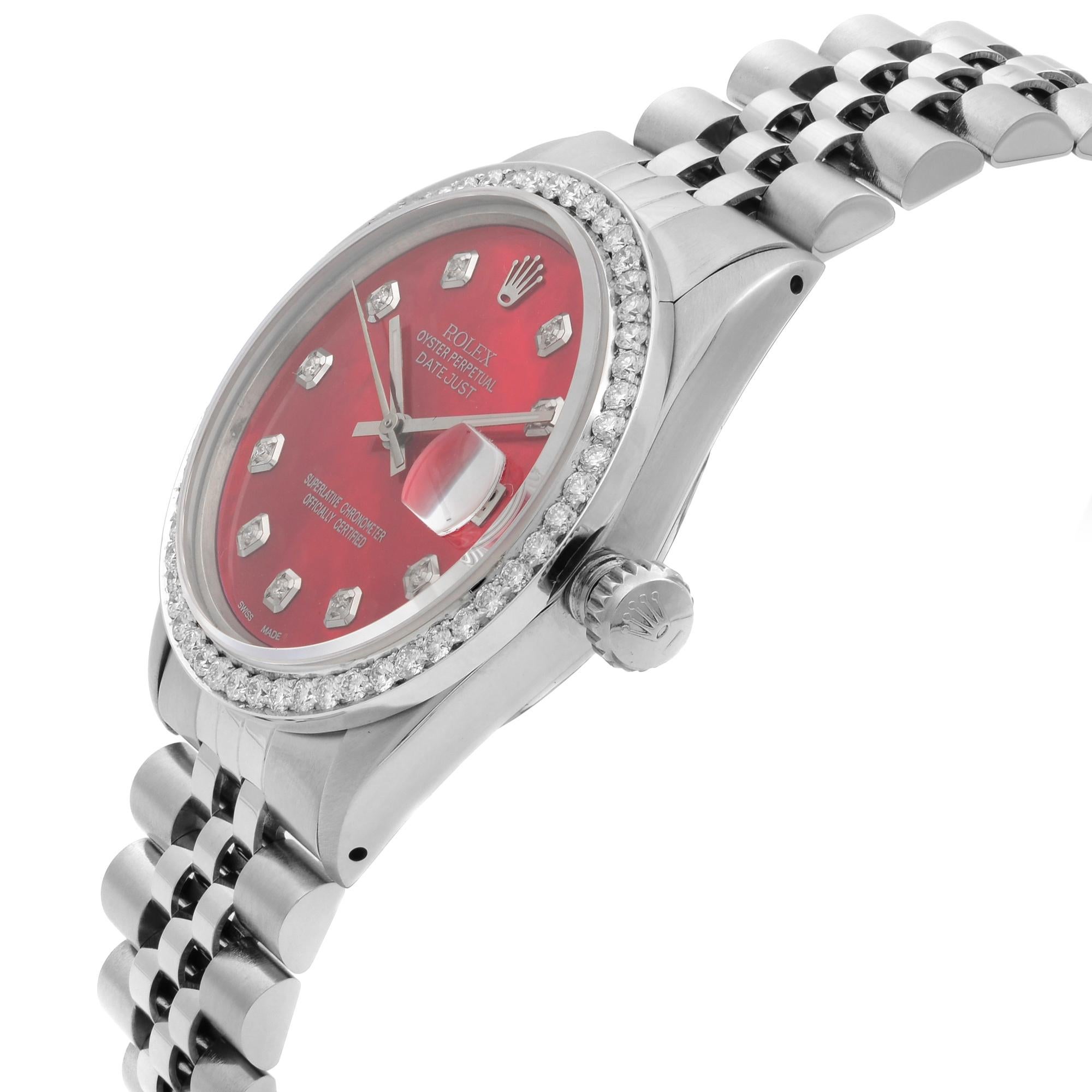 Rolex Datejust Steel Custom Diamond Red MOP Dial Automatic Men's Watch 16014 Pour hommes en vente
