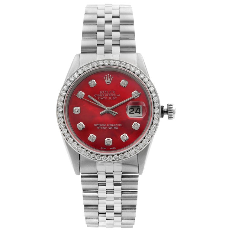 Rolex Datejust Stahl Herrenuhr mit rotem MOP-Zifferblatt und individuellem  Diamantdesign 16014 im Angebot bei 1stDibs