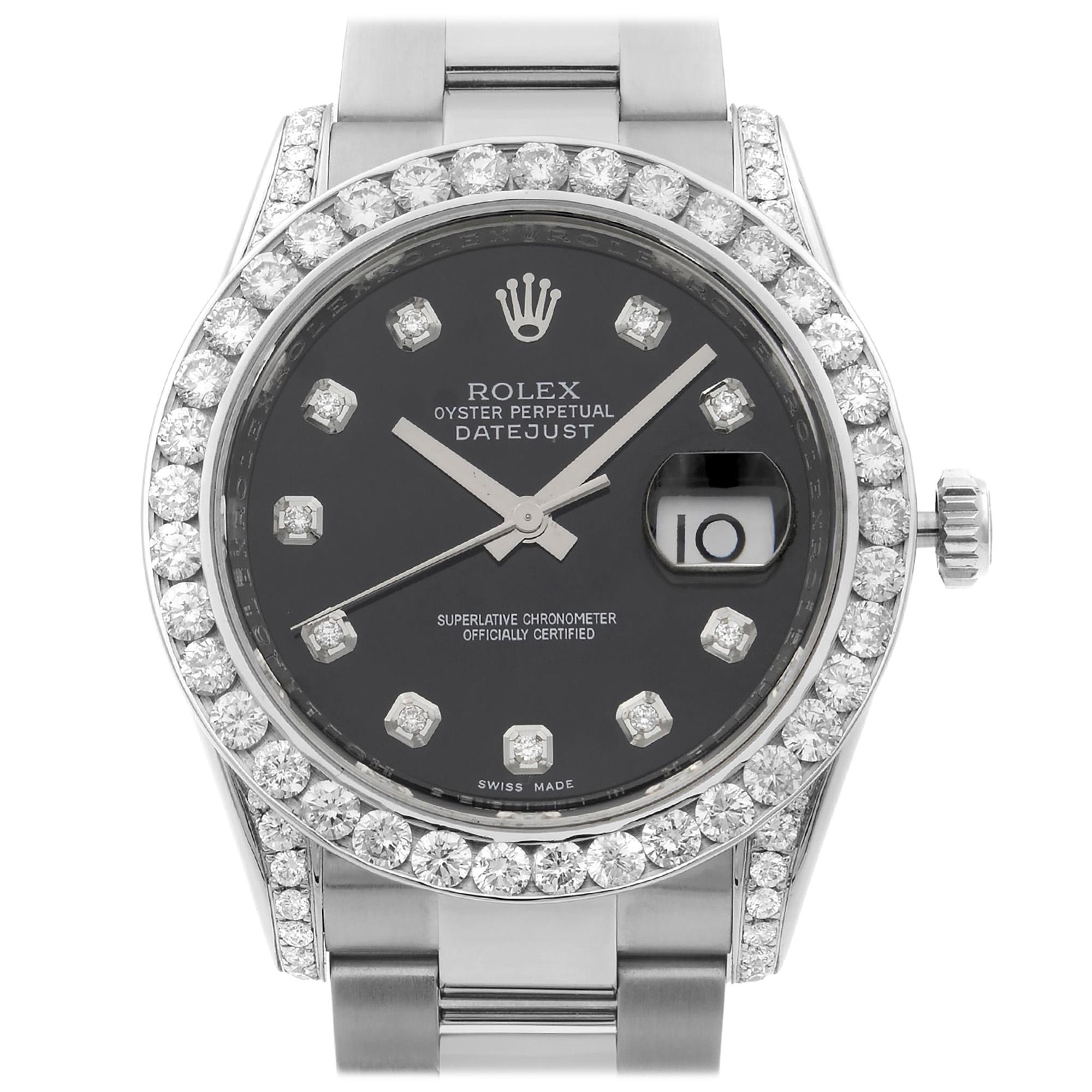 Rolex Datejust Steel Custom Diamonds 4.64cttw Black Dial Automatic Watch 116234