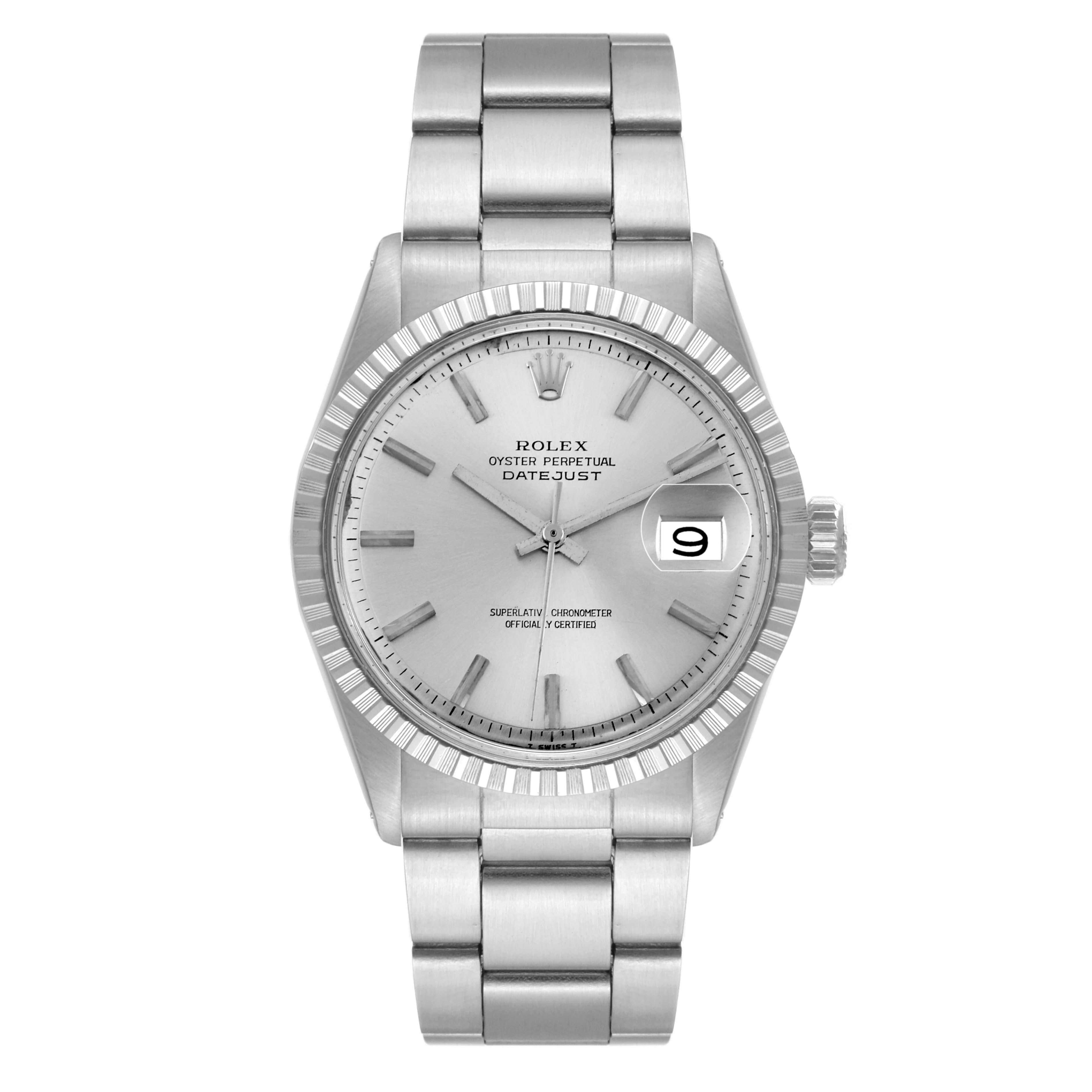 Rolex Datejust Steel Engine Turned Bezel Silver Dial Vintage Mens Watch 1601. Officially certified chronometer automatic self-winding movement. Stainless steel oyster case 36 mm in diameter. Rolex logo on the crown. Stainless steel engine turned